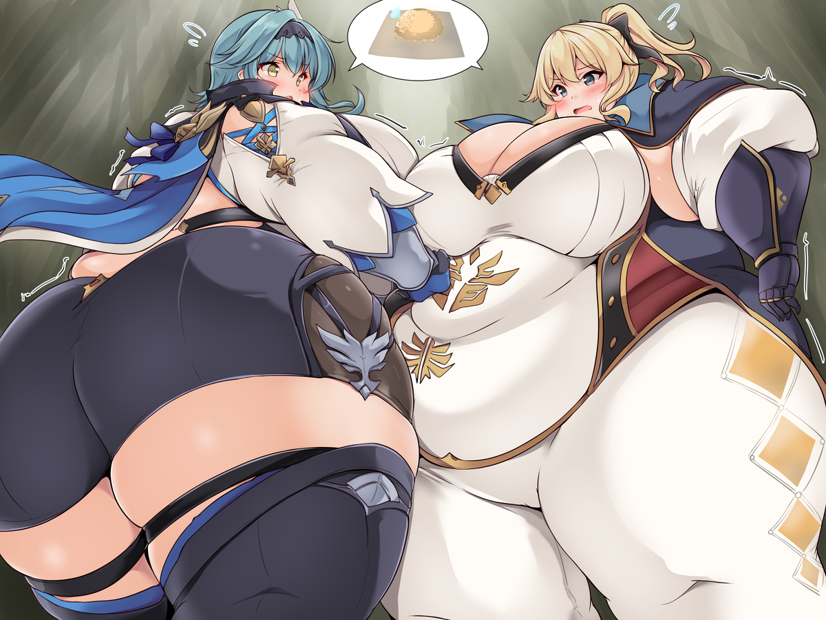 2023, 2girls, ass, bbw, belly, blonde hair, blue eyes, blue hair, breasts, chubby, chubby female, cleavage, duo, duo focus, eula (genshin impact), fat, female, female focus, female only, genshin impact, hi res, high resolution, highres, hips, huge ass, huge belly, huge breasts, huge thighs, jean gunnhildr, kurocaze, looking at another, mondstadt girls, obese, obese female, plump, stuck, thick thighs, thighs, voluptuous, wide hips, yellow eyes