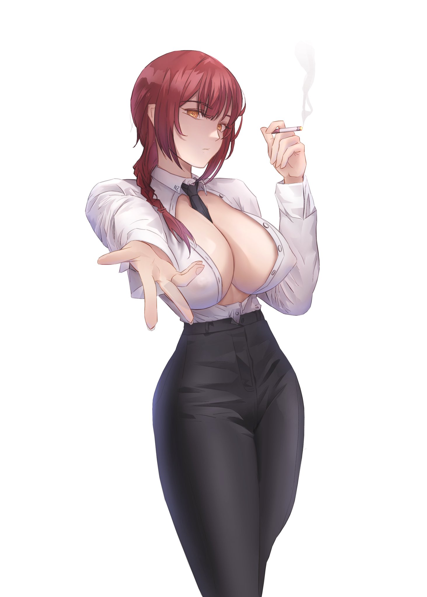 1girls, big breasts, blouse, breasts, chainsaw man, cleavage, eyelashes, eyeliner, female, female only, hi res, long hair, makeup, makima (chainsaw man), ningzi, red hair, shirt, solo, suit, thick thighs, tight pants, wide hips, yellow eyes