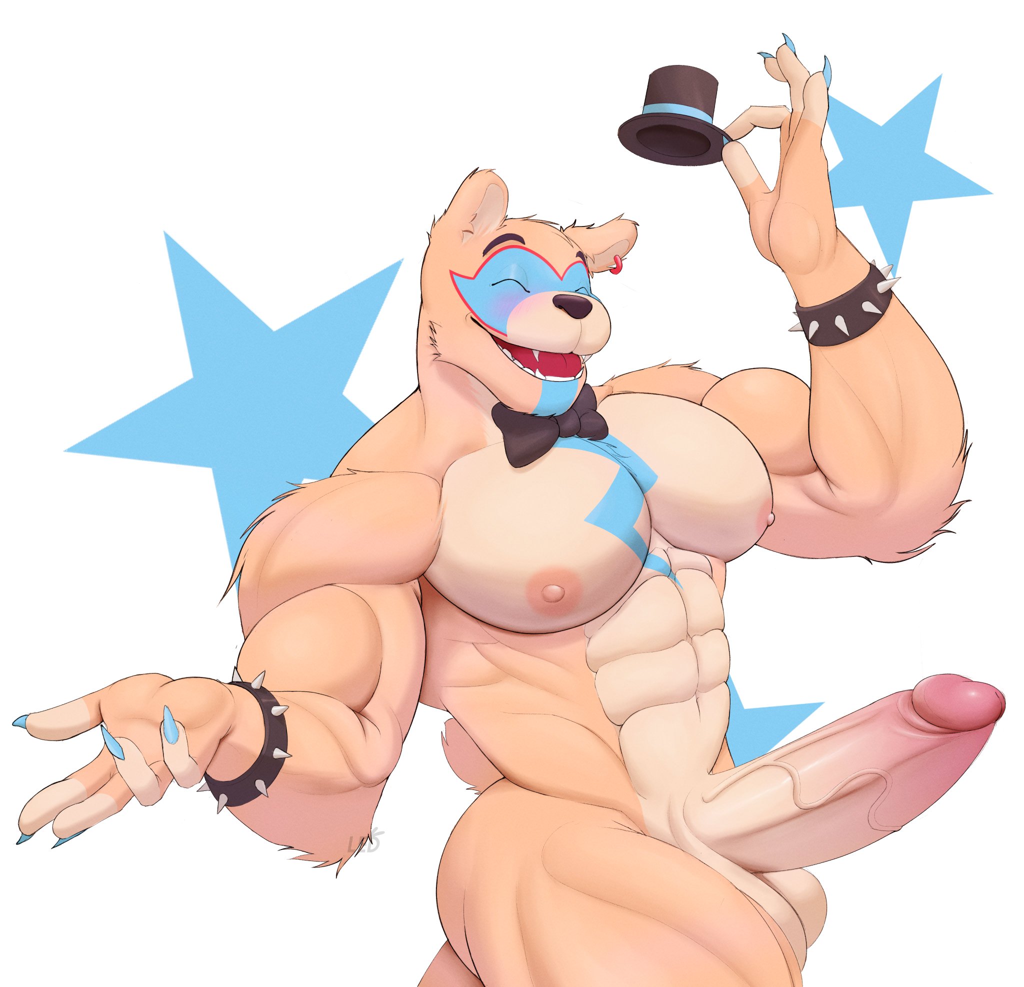 1boy, 2023, abs, anthro, anthro focus, anthro only, anthro solo, balls, bear, beefy, biceps, big balls, big cock, big penis, bigger male, black nose, blush, bodypaint, bow tie, bowtie, bracelet, bracelets, claws, closed eyes, cock, completely nude, cotton tail, digital drawing (artwork), digital media (artwork), ear piercing, ear ring, earring, erect penis, erection, facepaint, finger claws, five nights at freddy's, five nights at freddy's: security breach, fluffy tail, focus, furrrled, furry, furry male, furry only, glamrock freddy (fnaf), glans, headgear, headwear, holding hat, holding object, huge balls, huge cock, huge testicles, humanoid, humanoid genitalia, humanoid penis, large penis, male, male anthro, male focus, male only, mammal, mammal humanoid, masculine male, muscles, muscular, muscular anthro, muscular arms, muscular legs, muscular male, nipples, nude, nude male, pecs, pectorals, penile, penis, penis focus, penis out, presenting penis, scottgames, sharp teeth, short tail, simple background, smile, smiley face, solo, solo anthro, solo focus, solo in panel, solo male, spiked bracelet, steel wool studios, testicles, thick penis, top hat, ursid, ursid humanoid, veiny penis