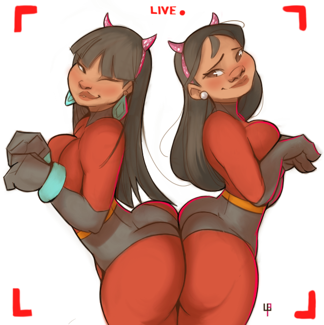 2girls arched_back ass_cheeks ass_to_ass bangs bent_wrist big_ass big_breasts black_hair butts_touching camera chel comparing comparing_asses cosplay costume dark-skinned_female earrings hairband hawaiian horns_hairband lilo_and_stitch looking_at_viewer mesoamerican nani_pelekai polynesian recording slim_waist squeezing_breast superhero_costume the_incredibles the_road_to_el_dorado tight_clothing tomphelippe