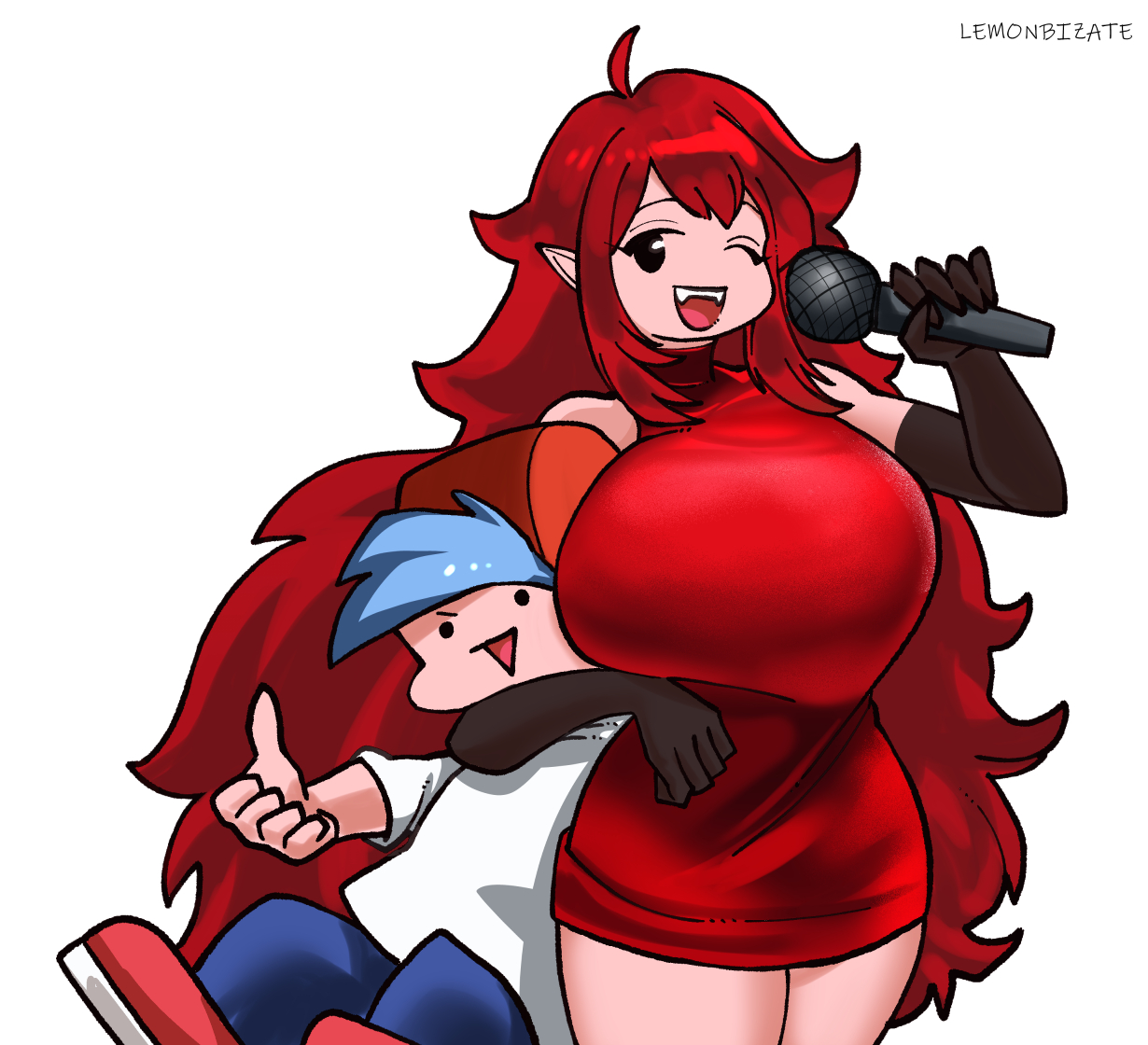big breasts, boyfriend (friday night funkin), breasts, clothed, female, friday night funkin, girlfriend (friday night funkin), huge breasts, lemonbizate (artist), male, smaller male