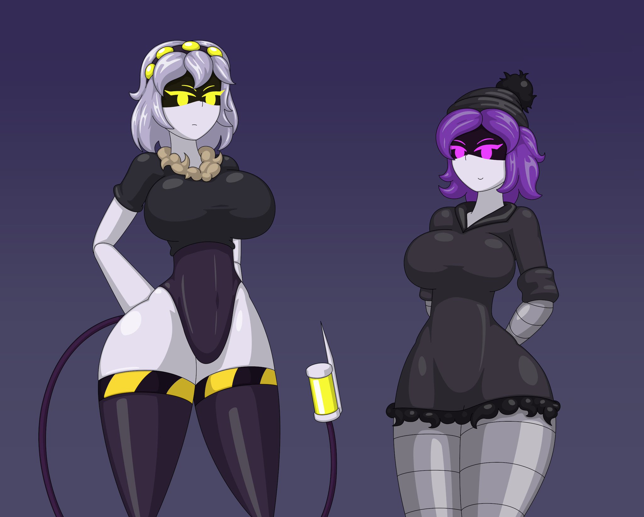 2girls, breasts, female, female only, glitch productions, hands behind back, headwear, large breasts, lotosnic, multiple females, multiple girls, murder drones, purple eyes, purple hair, robot, robot girl, robot humanoid, short hair, tagme, tail, thick thighs, topwear, topwear only, uzi (murder drones), v (murder drones), white hair, yellow eyes