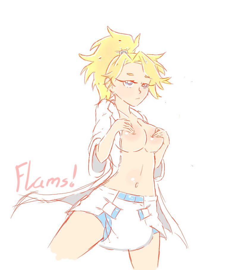 1girls big_breasts blonde_hair breasts covering_breasts diaper diaper_critter female flams! mercy nipples overwatch overwatch_2 solo white_background