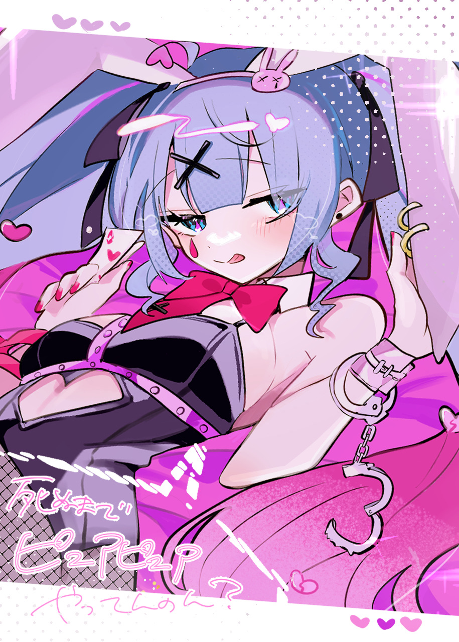 1girl, ahoge, animal ears, bangs, blue eyes, blue hair, bow, bowtie, breasts, bunny ears, bunny girl, bunny tail, bunnysuit, card, clothing cutout, cuffs, fake animal ears, female, fishnet pantyhose, fishnets, hair ornament, handcuffs, hatsune miku, heart, huge thighs, leotard, long hair, looking at viewer, marking below eyes, multicolored hair, pantyhose, piercing, pink eyes, pink hair, playboy bunny, rabbit ears, rabbit hole (vocaloid), ribbon, smile, solo, thighs, tongue, tongue out, twintails, vocaloid