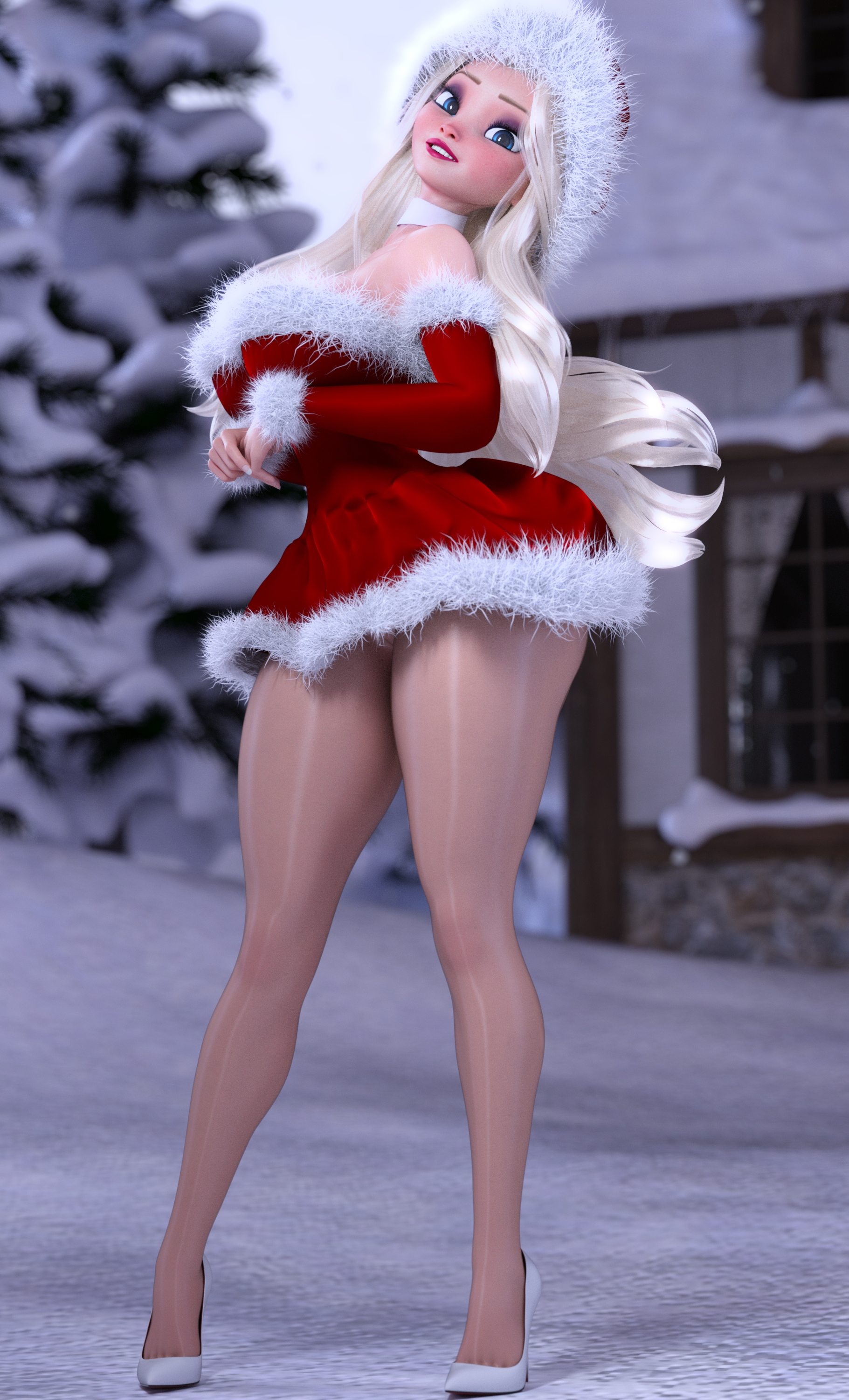 1girls, 3d, ass, big ass, big breasts, breasts, christmas, christmas outfit, clothing, curvy, disney, disney princess, dress, elsa (frozen), female, female only, fit, fit female, french nails, frozen (film), fully clothed, g-string, high heels, large breasts, pale skin, ruidx, solo, stiletto heels, tagme, underboob, very high heels, white lingerie