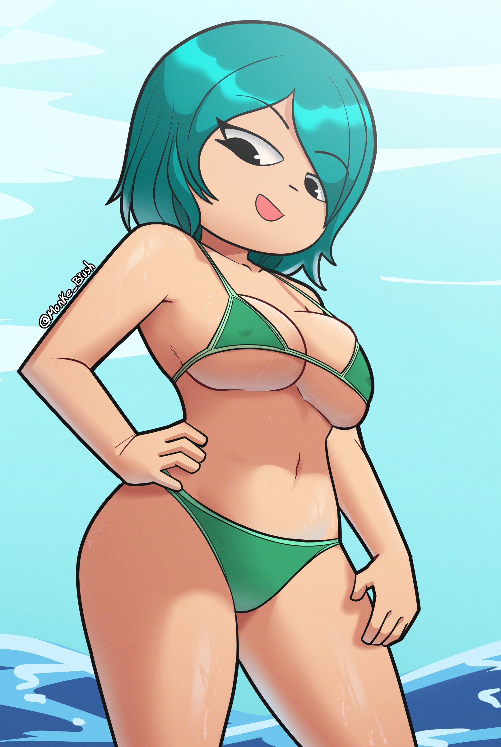 1girls, bikini, black eyes, female, green bikini, hand on hip, monke brush, nipple bulge, ramona flowers, scott pilgrim, sea, short hair, turquoise hair