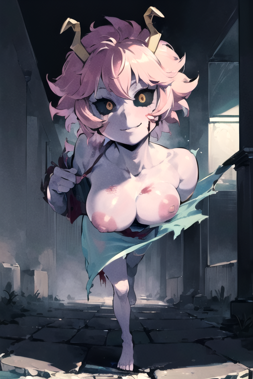 ai_generated aiposter bare_shoulders barefoot blood blood_on_face crazy crazy_eyes crazy_smile hallway horns medium_breasts mina_ashido my_hero_academia on_ground pink_hair red_dress running stare torn_clothes yellow_eyes