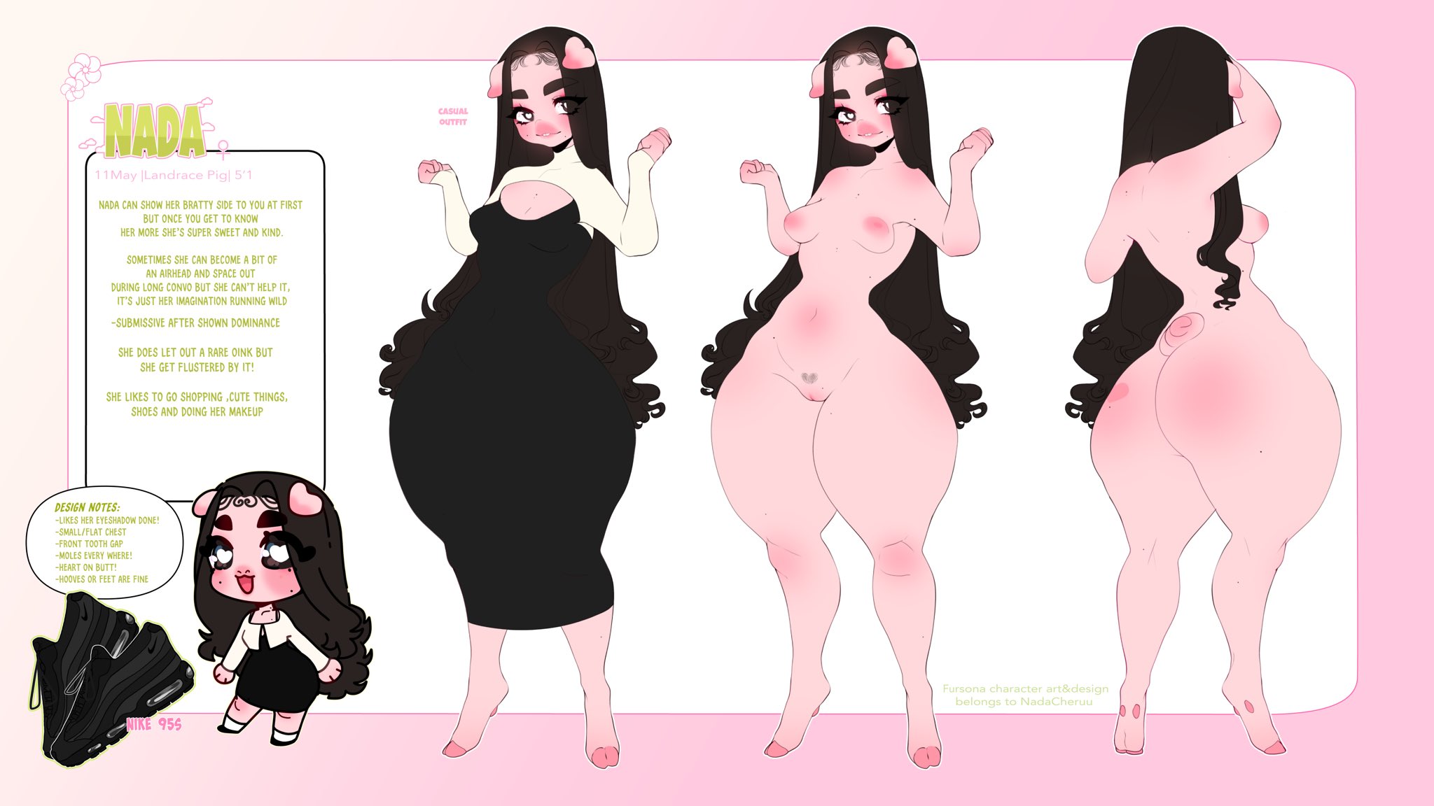 1girls, 2022, anthro, ass, black hair, breasts, character sheet, dress, english text, female, female only, heart-shaped pubic hair, heart-shaped pupils, hi res, hooves, long hair, looking at viewer, mole, moles, nada (nadacheruu), nadacheruulewd, nude, nude female, pig ears, pig tail, pink skin, pussy, small breasts, solo, suina, sus (pig), text, text box, thick ass, thick eyebrows, thick thighs, wide hips