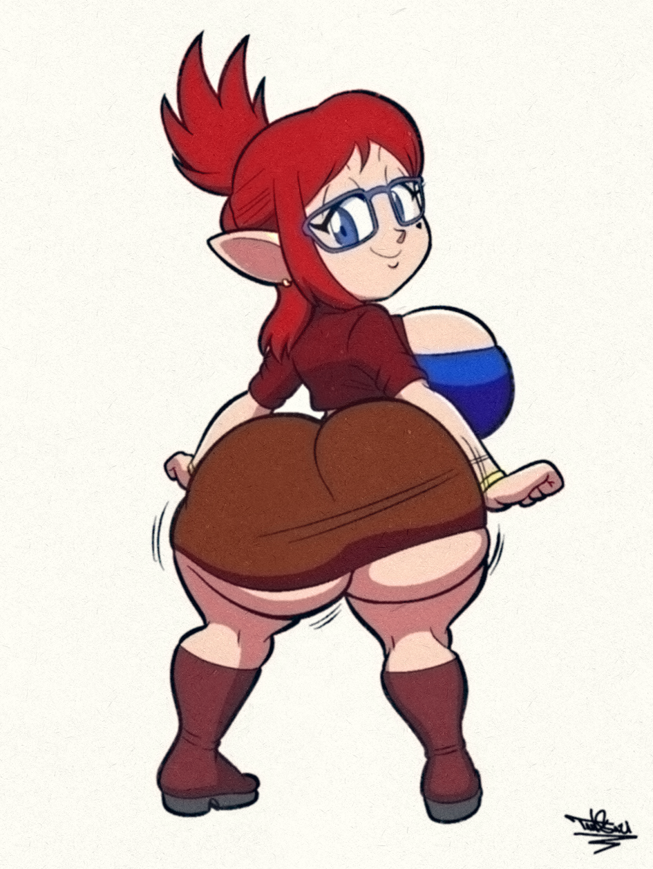 big_breasts blue_bra blue_eyes boots bracelet breasts earrings elf_ears glasses gold_earrings half_jacket heart_tattoo hips jacket looking_at_viewer looking_back miniskirt oc pointy_ears red_hair shaking_ass shaking_butt short_skirt smiling smiling_at_viewer tansau thick_thighs twerking wide_hips