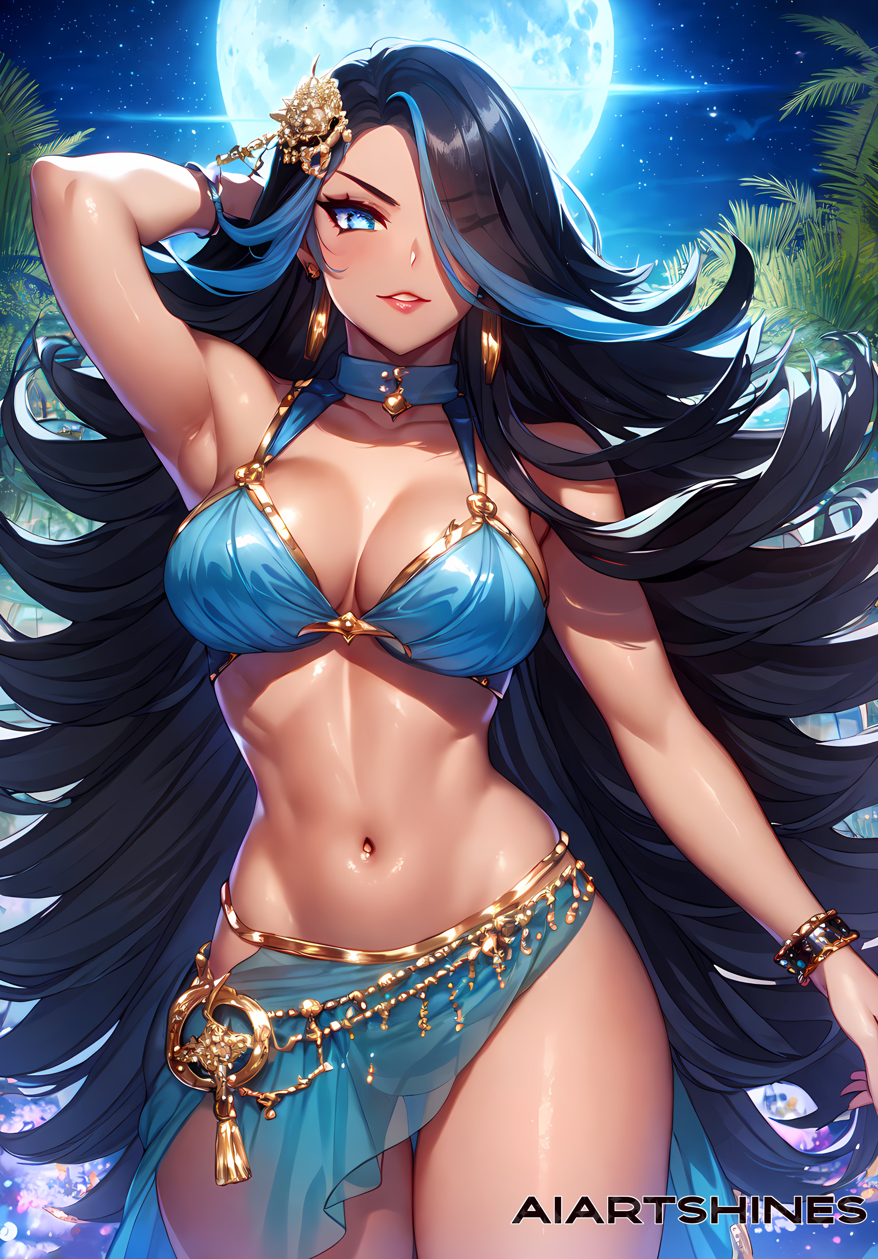 1girls, ai generated, black hair, blue eyes, blue hair, dancer outfit, dark skin, dark-skinned female, female, lipstick, long hair, pokemon, pokemon oras, shelly (pokemon oras), shelly (pokemon), team aqua, two-tone hair