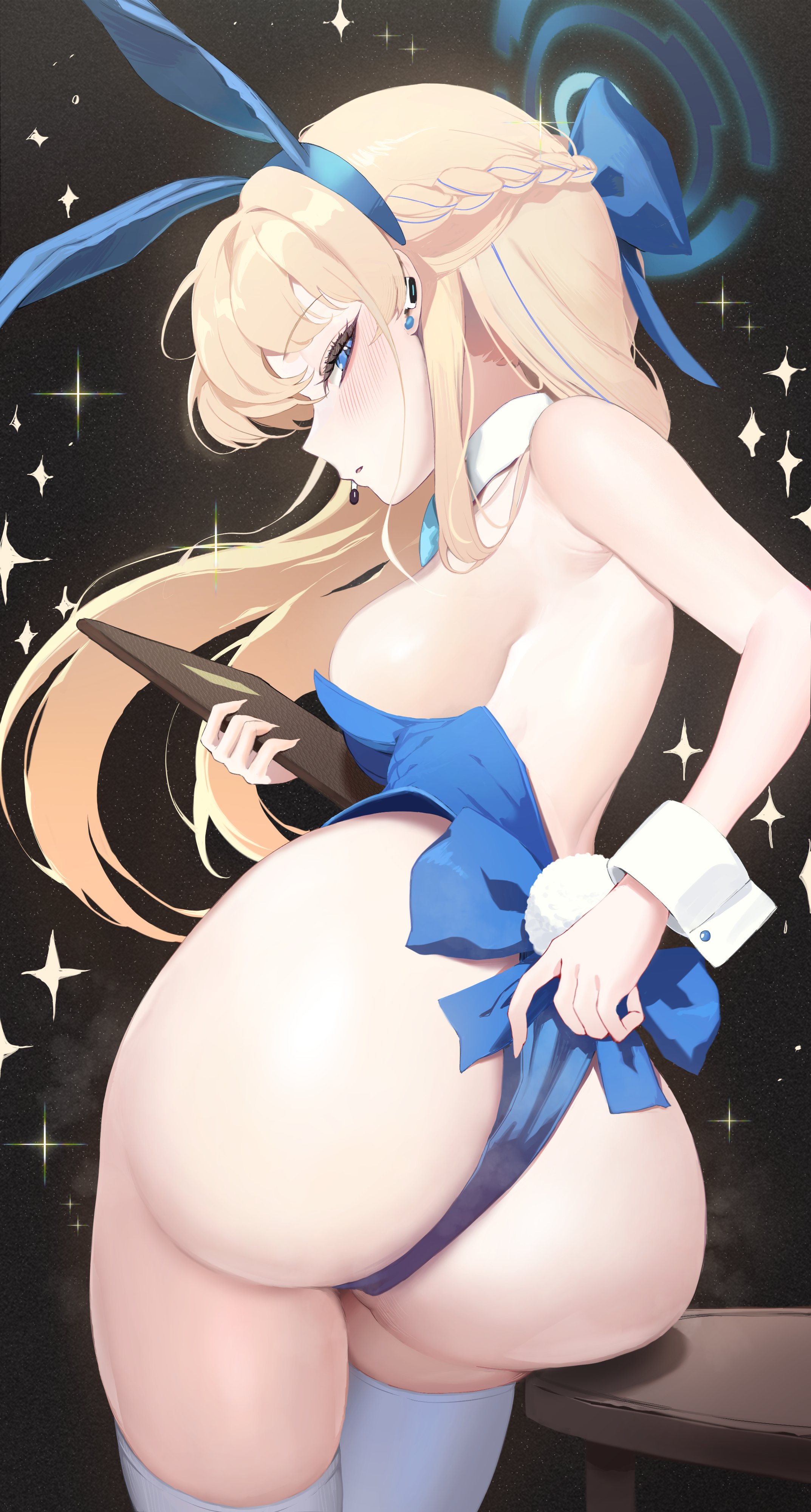 artist request, ass, ass focus, blonde hair, blue archive, blue eyes, blush, bowtie, breasts, bunny ears, bunny tail, bunnysuit, cleaning & clearing (blue archive), detached collar, expressionless, fake animal ears, female, hand on ass, huge ass, large breasts, leotard, looking back, millennium science school student, rear view, sideboob, sparkles, thick thighs, toki (blue archive), toki (bunny) (blue archive), wide hips, wrist cuffs