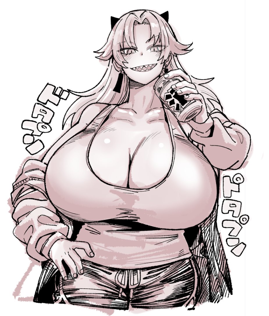 1girls bangs beer_can big_breasts breasts can cleavage dekosukentr earrings female_only gigantic_breasts hand_on_hip holding_object horn japanese_text long_hair looking_at_viewer monochrome original original_character sharp_teeth shorts slit_pupils smiling solo tank_top text