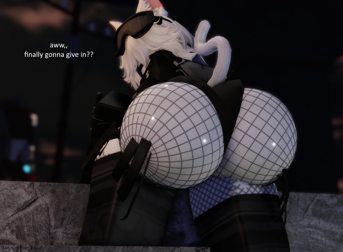1girls, 3d, ass, ass focus, big ass, bottom heavy, cat ears, cat tail, clothed, clothing, combat gear, english text, female, fishnets, goggles, large ass, mermio, panties, roblox, robloxian, tactical gear, tagme, text, white hair, white skin, yurika (mermio)
