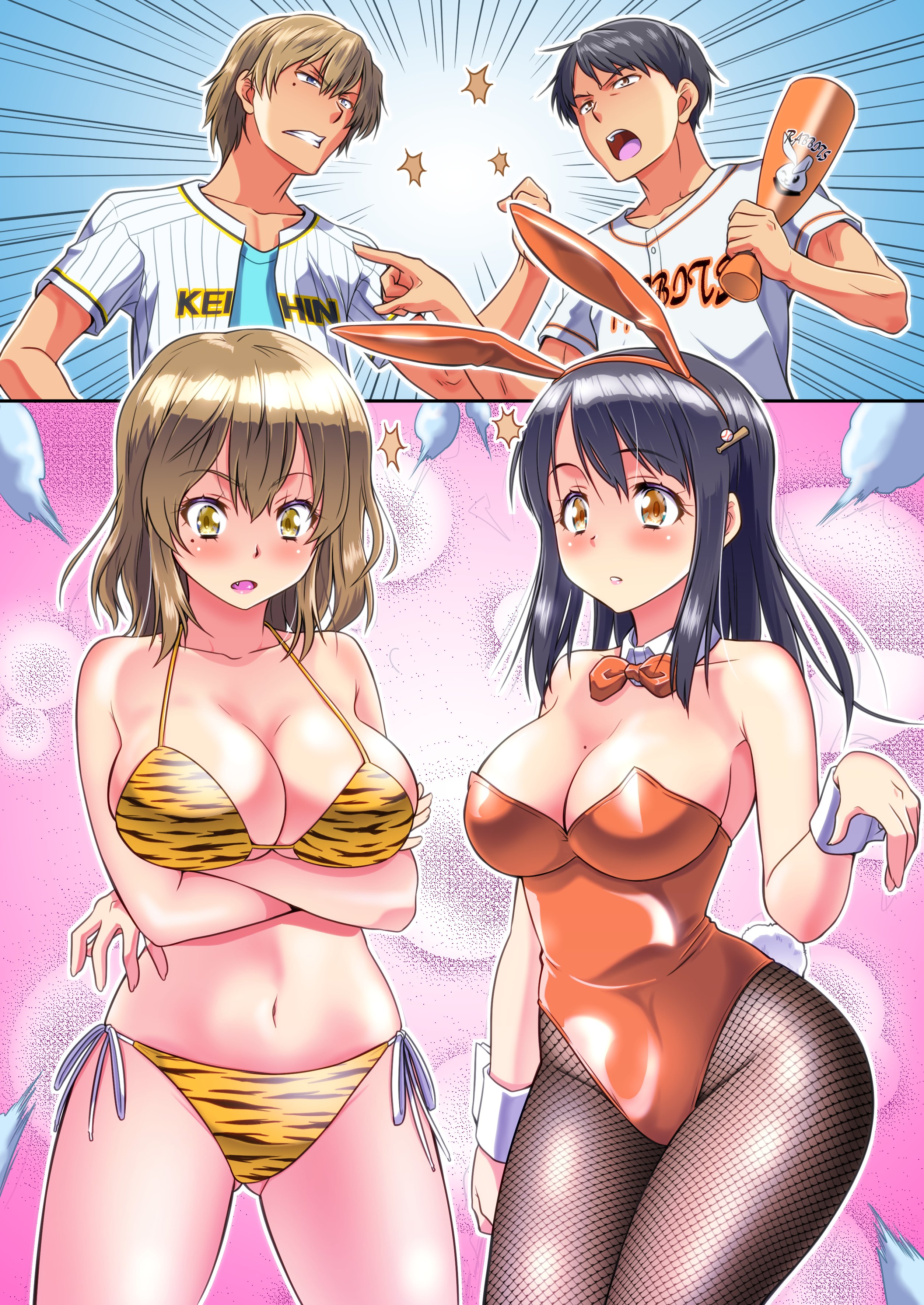 2girls, animal print, ass, bikini, breasts, bunnysuit, female, gender transformation, huge ass, huge breasts, leotard, mtf transformation, multiple females, multiple girls, thick thighs, transformation, wide hips