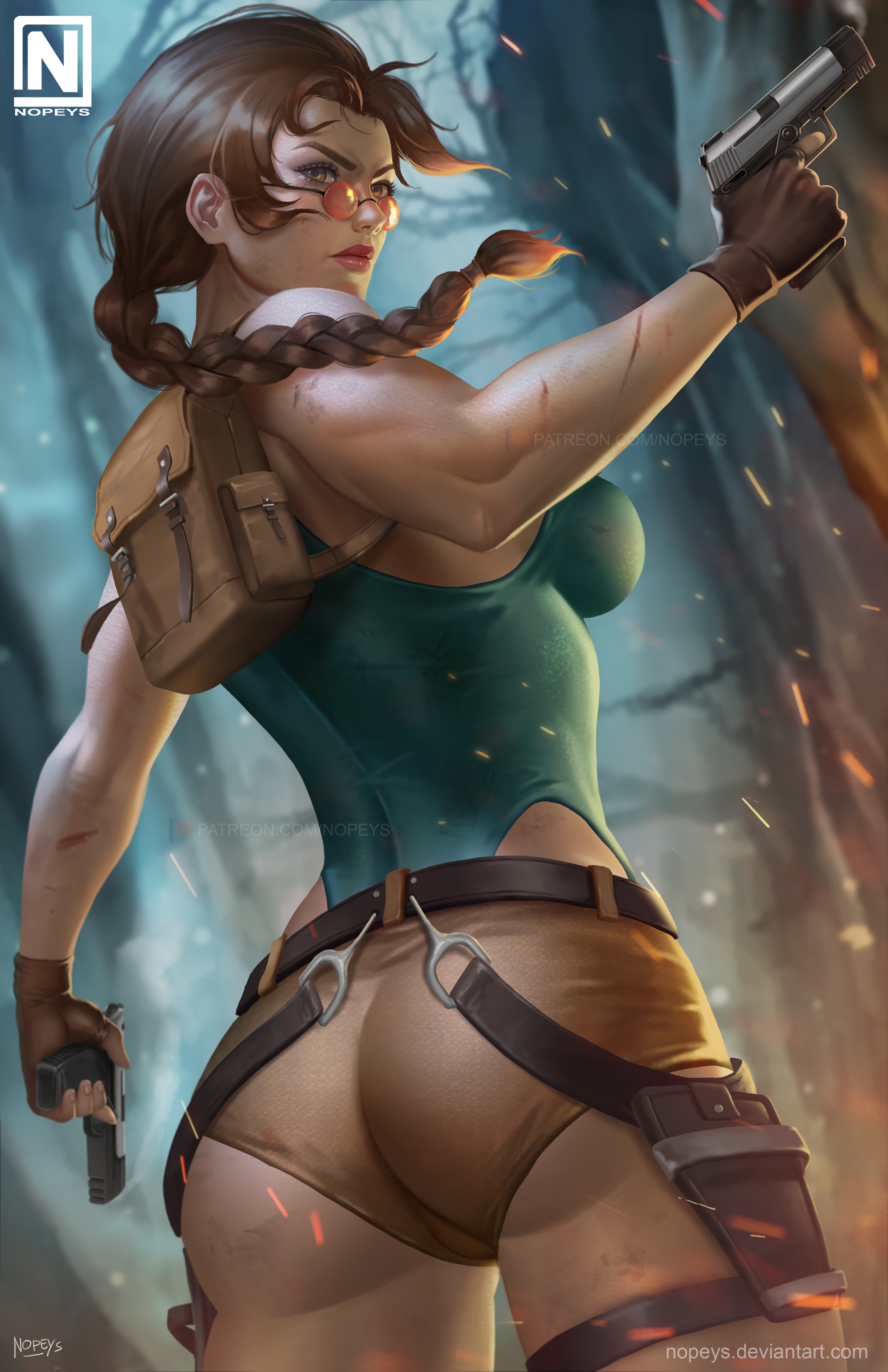 1girls, absurd res, artist logo, artist name, ass, backpack, bag, bare shoulders, belt, braid, braided hair, breasts, brown eyes, brown hair, clothed, dual wielding, eyewear, female, female only, fingerless gloves, firearm, gloves, gun, handgun, highres, holster, human, lara croft, lara croft (classic), lipstick, long hair, looking back, looking over eyewear, looking over glasses, looking over sunglasses, non-nude, nopeys, pistol, red-tinted eyewear, short shorts, shorts, sole female, solo, solo focus, sunglasses, thick ass, tinted eyewear, tomb raider, tomb raider (classic), weapon
