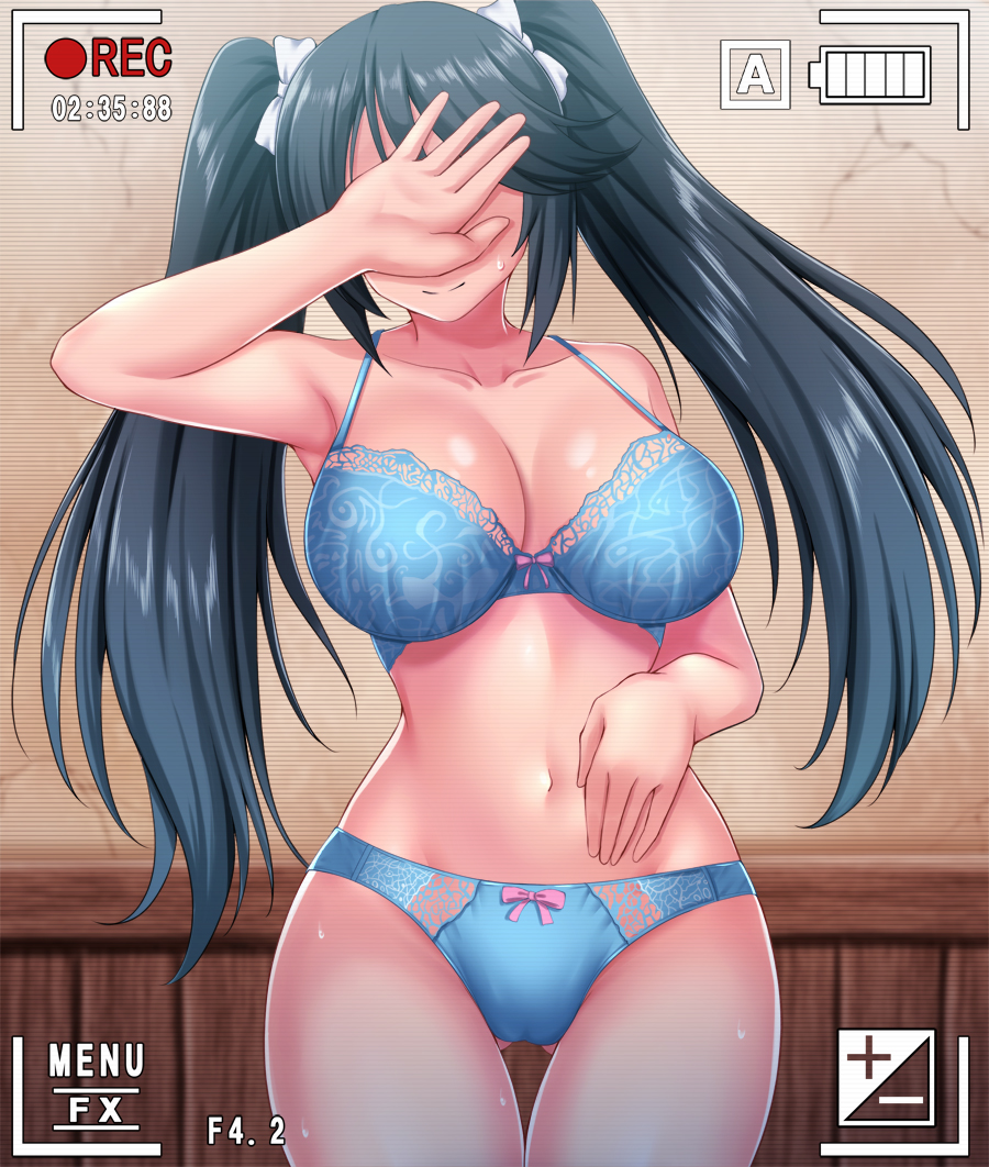 1girls black_hair blue_bra blue_panties blush bow bow_bra bow_panties bra breasts cleavage clothing covering_face female isuzu_(kantai_collection) kantai_collection large_breasts legs_together lingerie long_hair matching_underwear panties satin satin_bra satin_panties smile standing sweat twintails wide_hips zanntetu