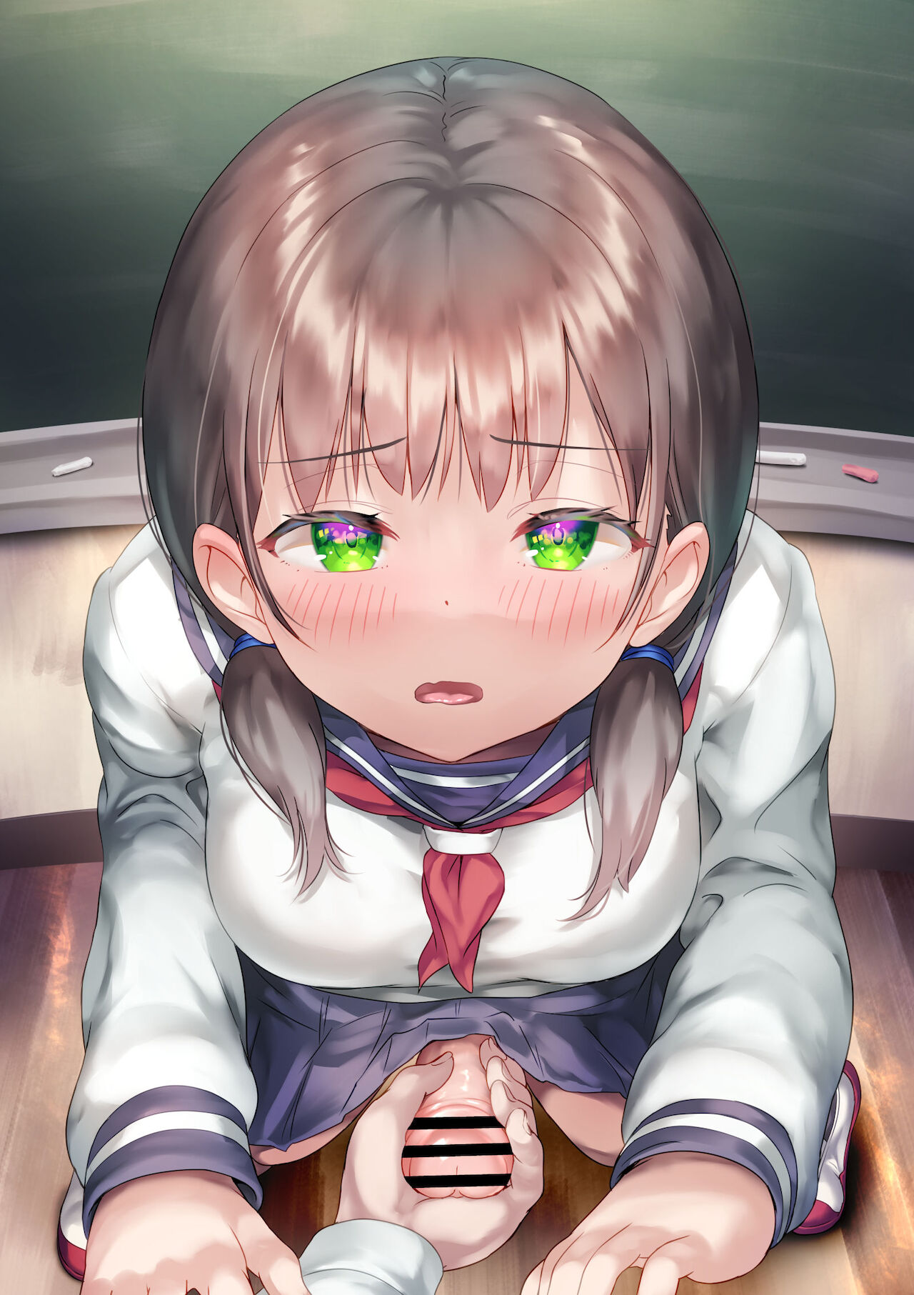 1futa, ayanakitori, bar censor, big penis, blush, breasts, brown hair, censored, classroom, close-up, clothed, clothing, erection, erection under skirt, female, futa focus, futanari, handjob, high-angle view, human, intersex, light skin, light-skinned futa, looking at viewer, mostly clothed, penis, penis grab, pov, school, school uniform, schoolgirl, short hair, skirt, solo focus