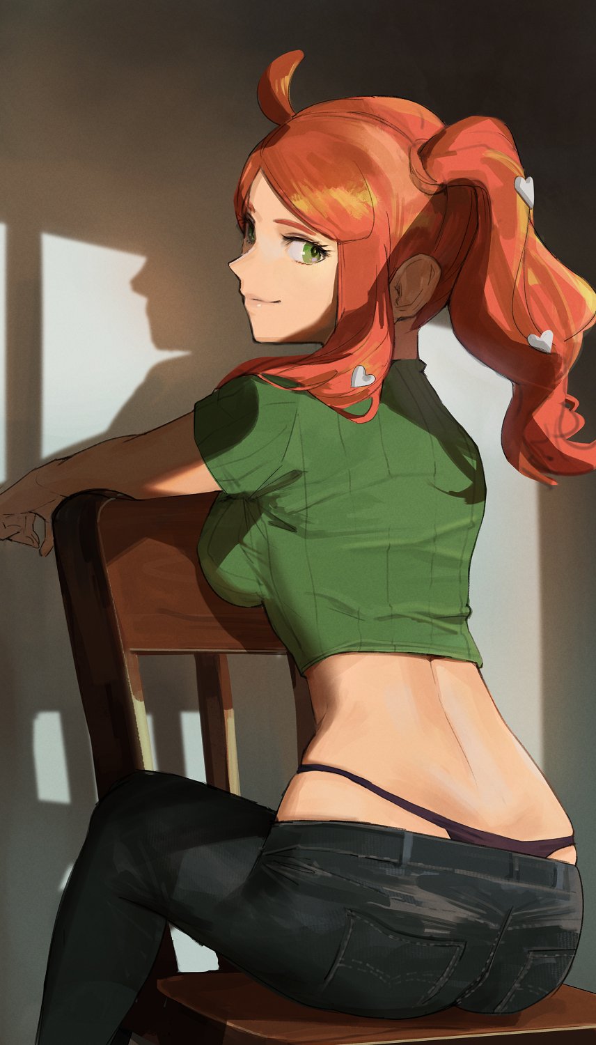 1girls, ass, back view, breasts, chair, clothed, female, green eyes, hi res, j@ck, jeans, looking back, nintendo, orange hair, panties, pants, pokemon, pokemon ss, ponytail, sideboob, smile, solo, sonia (pokemon), tight pants, underwear, waist