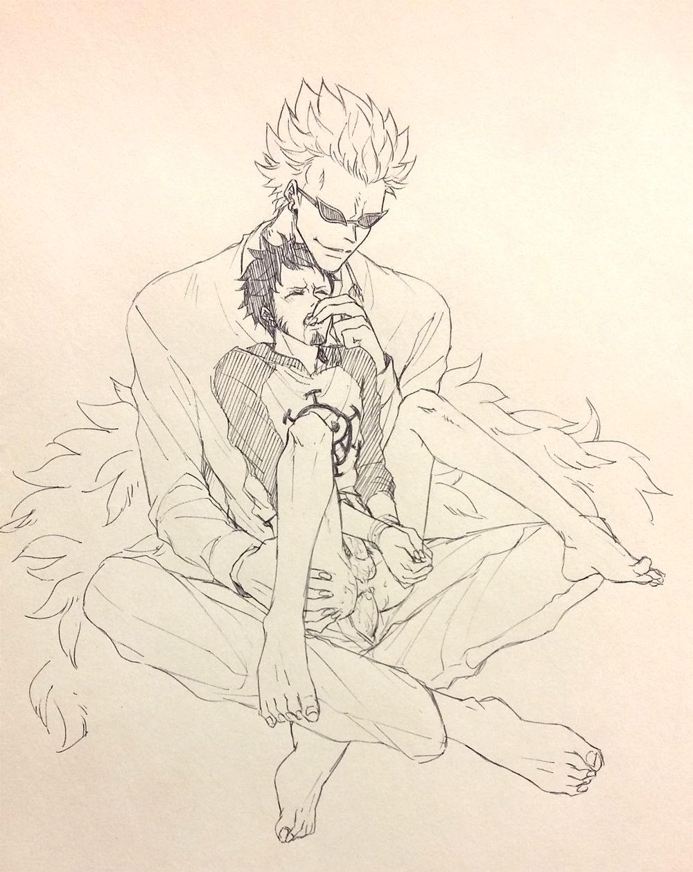 2boys anal ass clothed_sex donquixote_doflamingo erection feather_collar feet finger_sucking full_body gay height_difference hood hoodie kizna male male_focus male_only multiple_boys muscular muscular_male one_piece pants penis reverse_cowgirl_position saliva sex sex_from_behind shirt short_hair size_difference smile straddling sunglasses traditional_media trafalgar_law yaoi