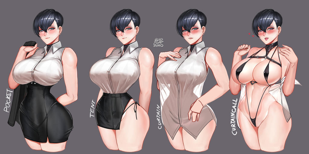 badcompzero, biting lip, black hair, blush, curtain call challenge, female, office lady, original, original character, sequence, short hair, sling bikini, stripping, undressing