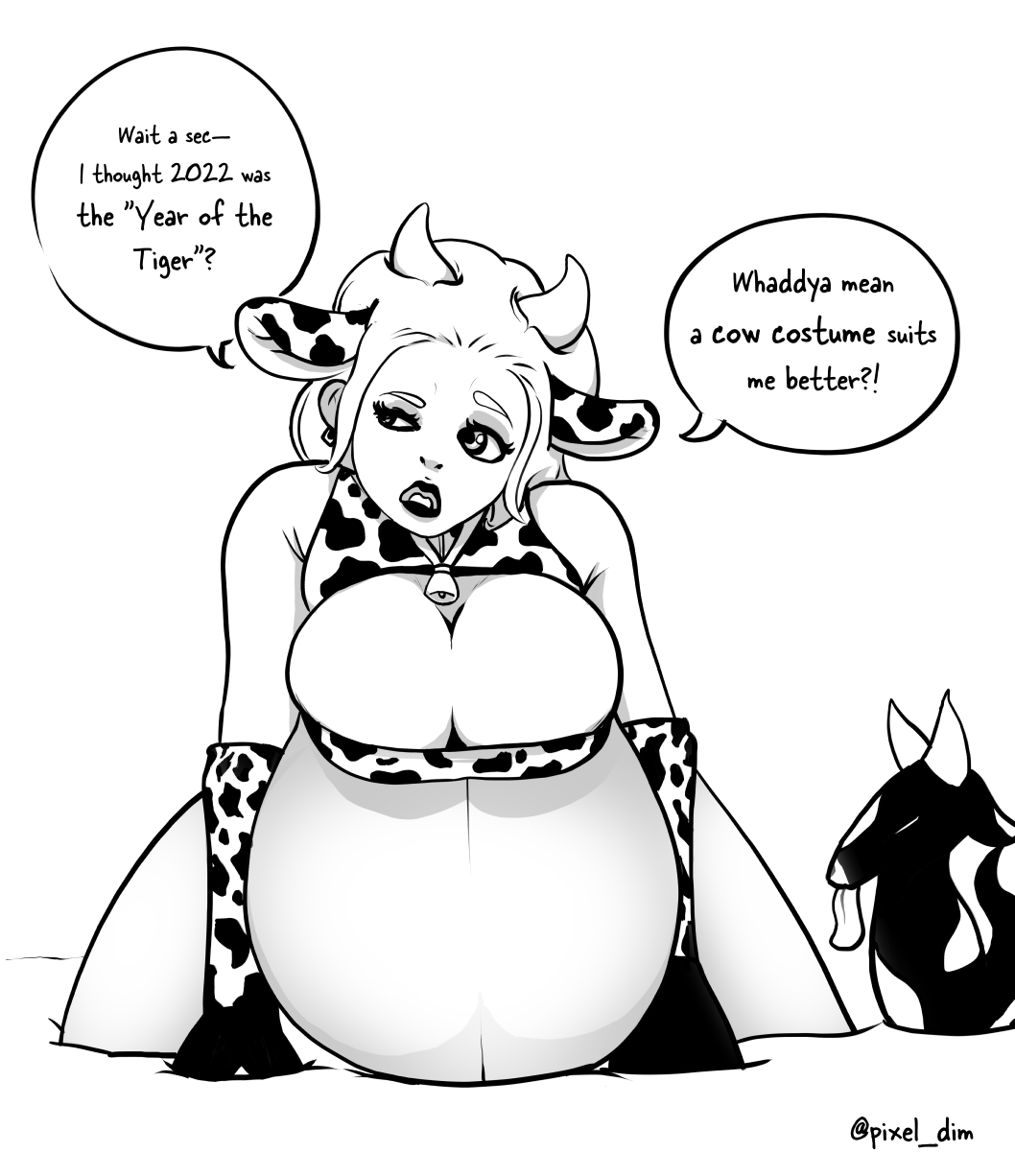 1girls all_fours belly belly_rest big_belly big_breasts breasts cleavage cow_costume cow_print cowbell dimpixel female gloves huge_belly immobile large_breasts non-nude on_all_fours on_ground on_stomach pregnant self_lying solo tagme text