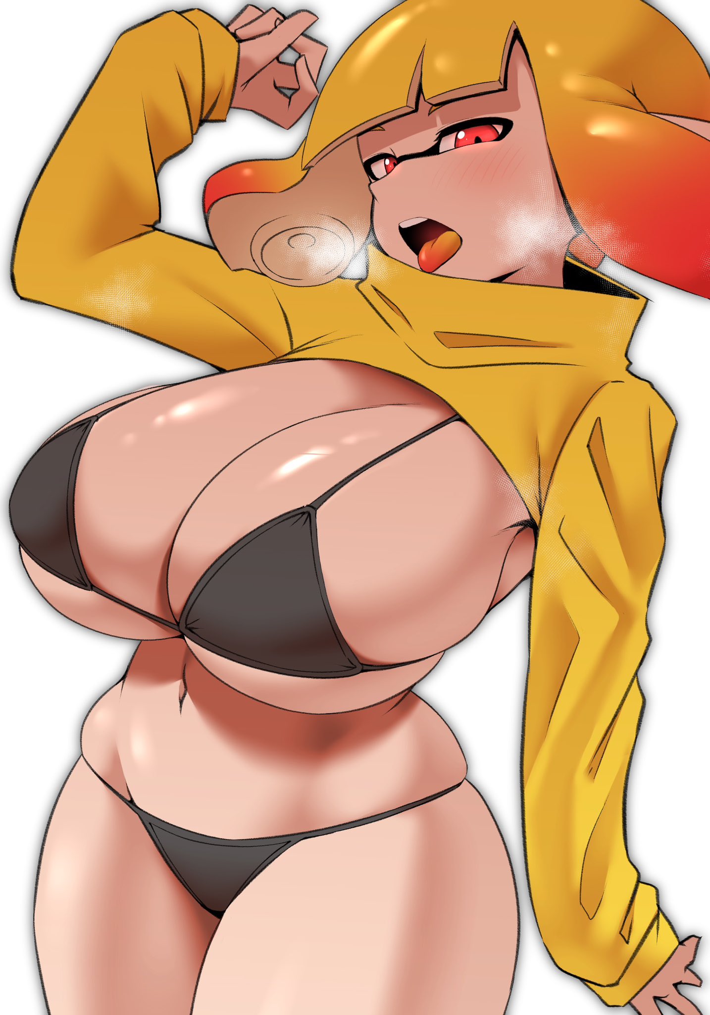 1girls, agent 4 (splatoon), belly, belly button, big boobs, big breasts, big tits, black bra, black panties, black underwear, blush, blush lines, blushing, blushing at viewer, blushing profusely, bob cut, boobs, bra, breasts, cleavage, clothed, female, female only, hand up, hi res, huge boobs, huge breasts, huge tits, inkling, inkling girl, light skin, light-skinned female, looking back, massive breasts, medium hair, midriff, mouth open, naughty face, nintendo, nintendo switch, nobunagapero, orange hair, orange sweater, panties, peronattu, posing, posing for the viewer, red eyes, seducing, seductive, seductive eyes, seductive gaze, seductive look, seductive mouth, seductive pose, shiny breasts, shiny skin, sideass, simple background, splatoon, splatoon (series), splatoon 2, splatoon 2: octo canyon, sweater, sweater lift, tentacle hair, thick thighs, thighs, tits, tongue, tongue out, turtleneck, underwear, voluptuous, voluptuous female, white background, yellow sweater