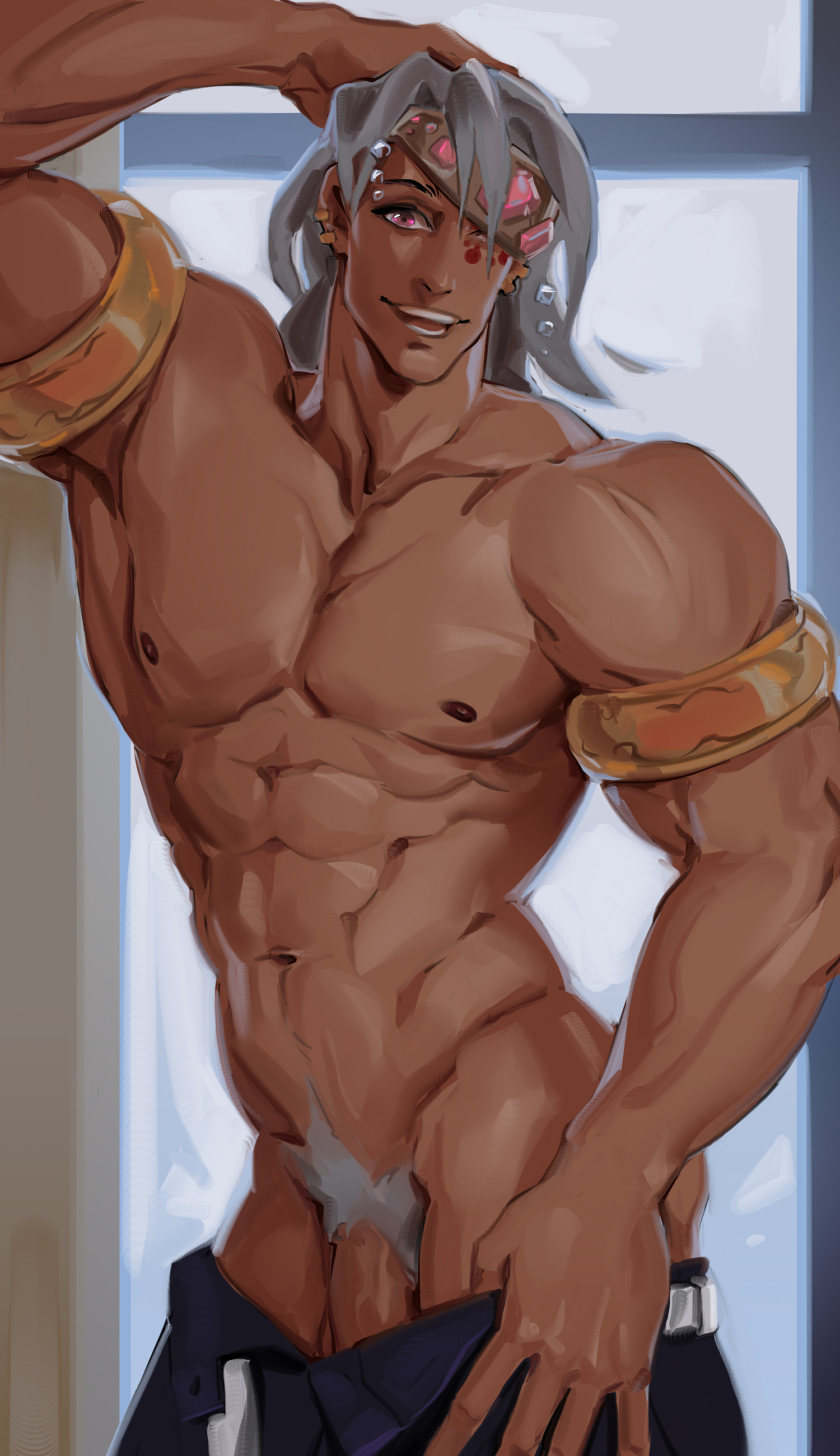 1boy, abs, armbands, armlet, bara, demon slayer, flaccid, flashing, hair down, hand on head, headband, headwear, jewelry, kimetsu no yaiba, looking at viewer, male, male only, male pubic hair, muscular, muscular male, painting (artwork), pants down, pecs, penis, penis peek, pubic hair, smile, solo, solo male, topless, topless male, uncensored, undressing, uzui tengen, vetra (artist), yaoi