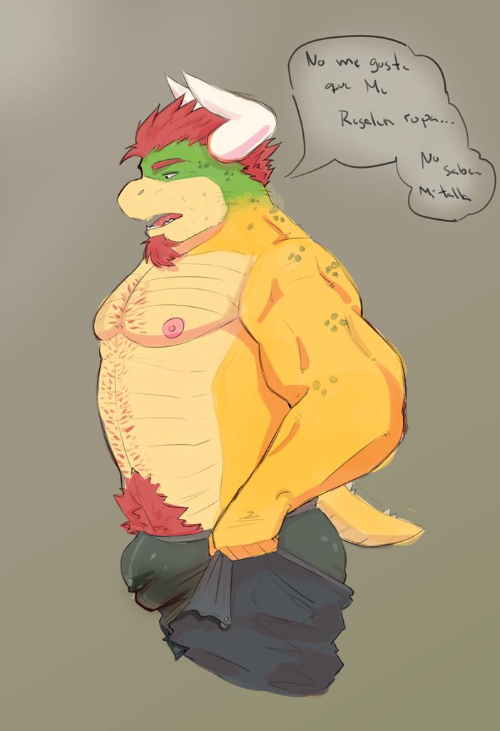 2023 abs anthro barechested biceps black_clothing black_underwear body_hair bottomwear bowser bulge chest_hair clothed clothing detailed_bulge facial_hair goatee hair happy_trail horn koopa male male_only manly mario_(series) meme muscular nintendo nipples pants pecs pubes pulling_up_pants red_hair scalie shirtless shirtless_male side_view solo spanish_text speech_bubble standing taygadraki text tight_pants_(meme) topless topless_male triceps underwear