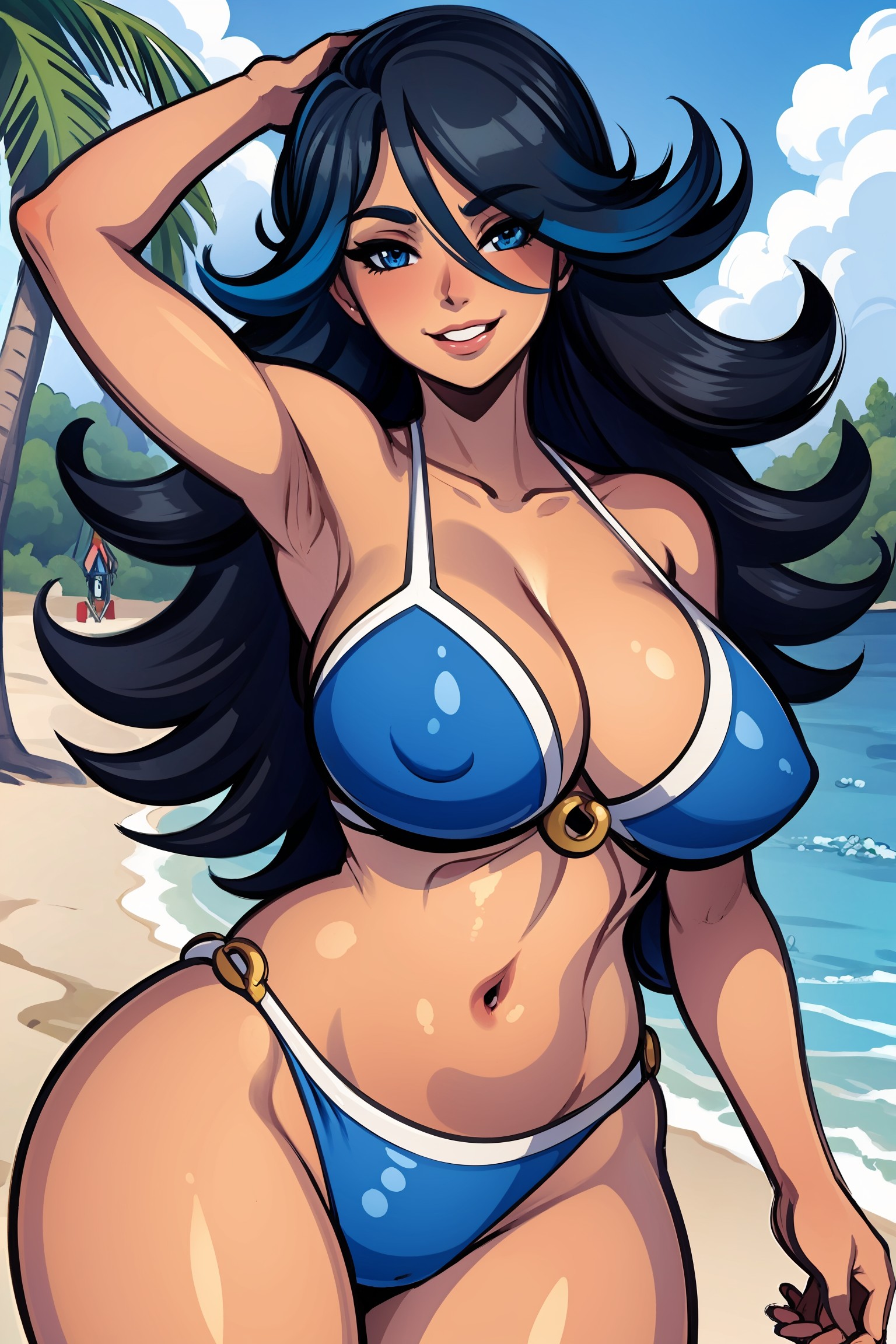 1girls, ai generated, bikini, black hair, blue eyes, blue hair, dark skin, dark-skinned female, female, lipstick, long hair, pokemon, pokemon oras, shelly (pokemon oras), shelly (pokemon), two-tone hair
