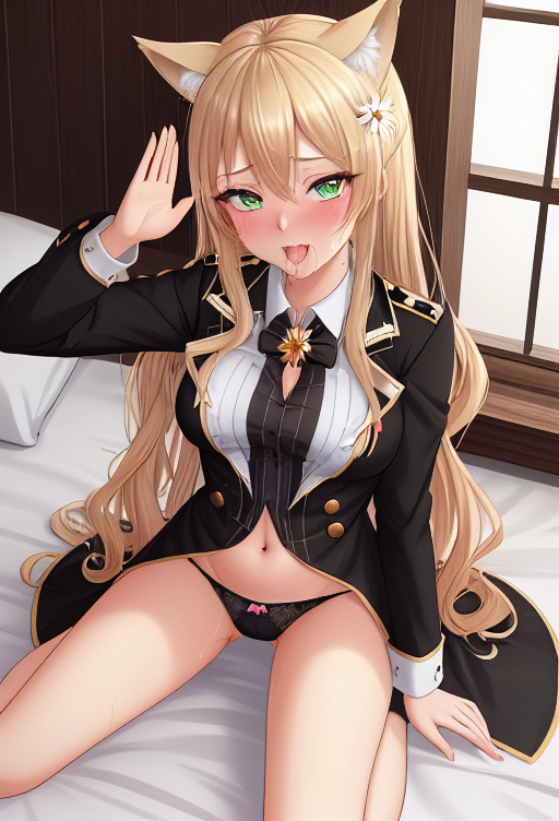 abs admiral_daisy023 after_blowjob ahe_gao ai_generated blush cum_in_mouth daisy023 daisy_ornament fleet_admiral_daisy023 green_eyes hair_between_eyes hair_ornament high_resolution highly_detailed insignia looking_at_viewer military_uniform navel no_pants open_mouth panties saliva_drip shirt sitting_on_bed sweat sweating thick_thighs tongue tongue_out trenchcoat twitch.tv virtual_youtuber vrchat vtuber wet wet_panties wet_pussy wolf_ears wolf_girl