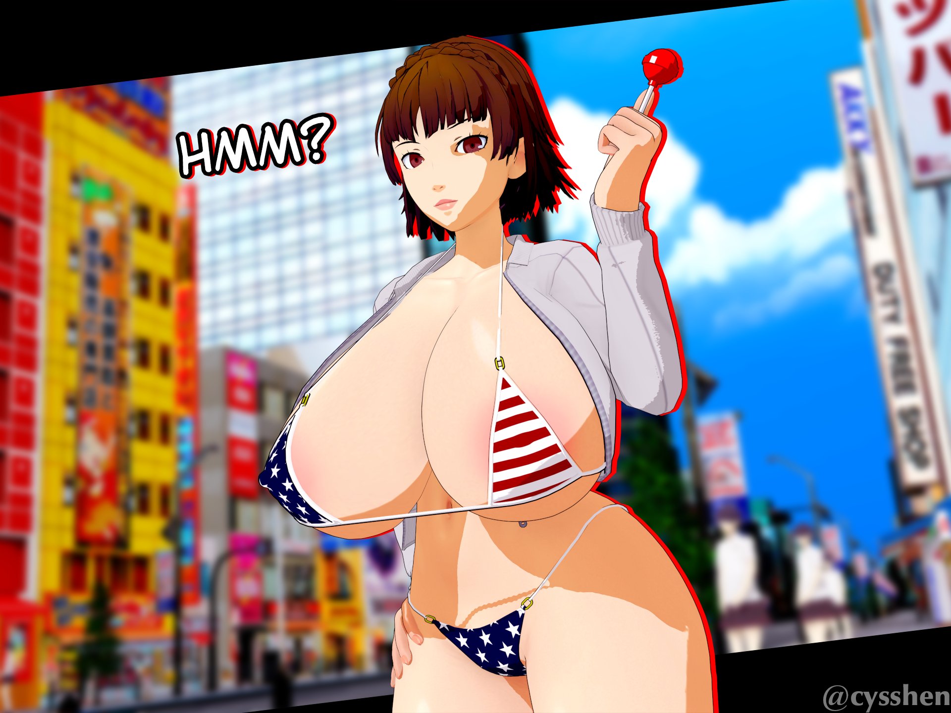 1girls, 3d, american flag bikini, ass, atlus, bikini, breasts, cyshen, female, huge breasts, large ass, large breasts, makoto niijima, persona, persona 5, public