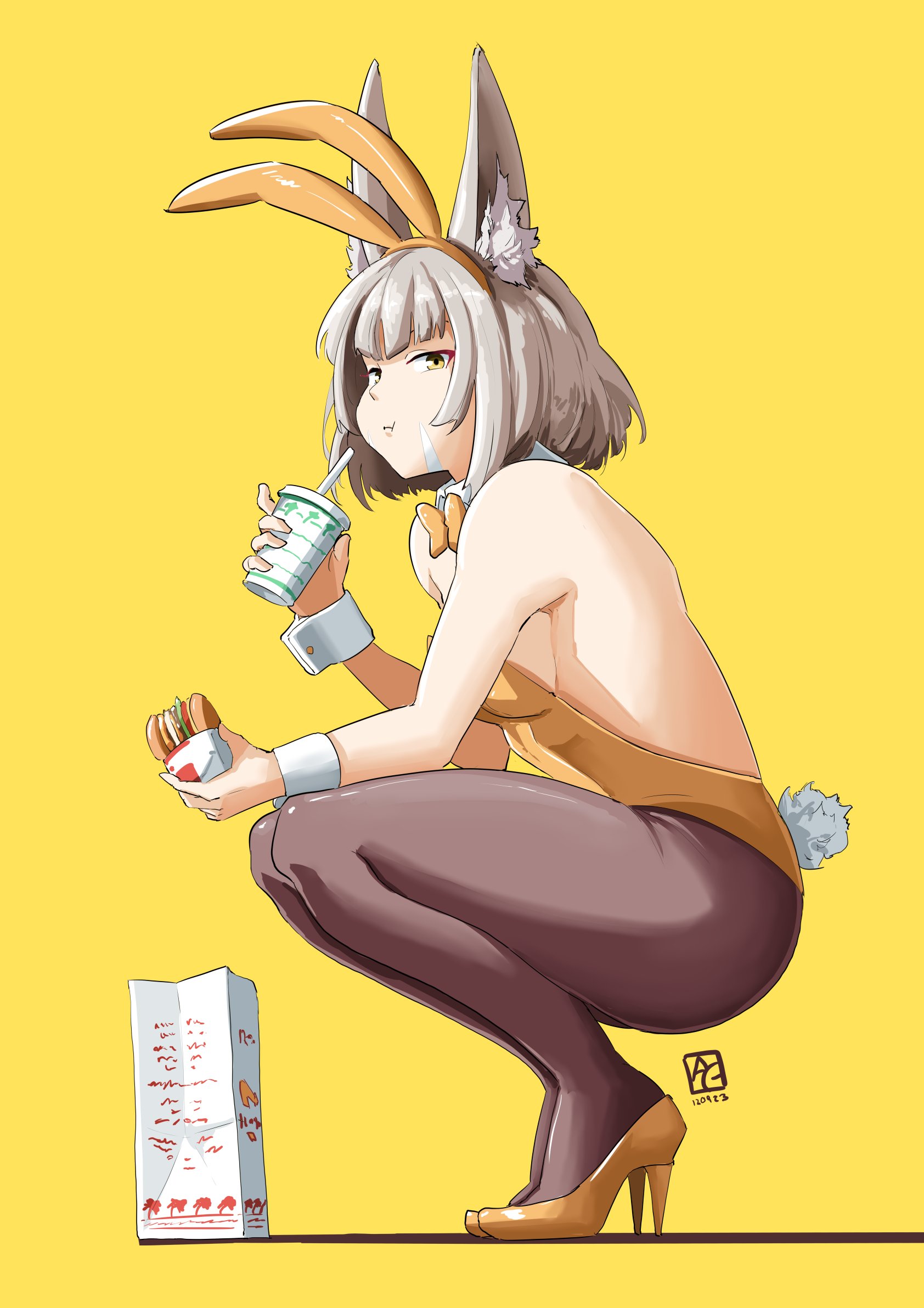 1girls, ass, ass focus, ass up, automatic giraffe, bunny ears, bunnysuit, cat ears, cat girl, catgirl, eating, fat ass, female, female only, heel boots, heeled boots, heels, high heels, large ass, looking away, monolith soft, nia, nia (xenoblade), nintendo, pantyhose, pout, pouting, simple background, solo, solo female, solo focus, tail, thigh gap, thighs, xenoblade (series), xenoblade chronicles 2, yellow background