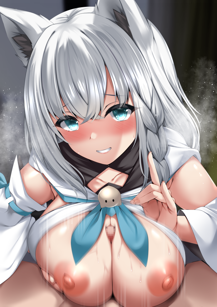 1boy 1girls animal_ears areolae blue_eyes blush breasts circussion fox_ears fox_girl hololive hololive_gamers hololive_gen_1 hololive_japan huge_breasts indoors light-skinned_female light-skinned_male light_skin male_pov nipples paizuri penis pov shirakami_fubuki titfuck titjob virtual_youtuber white_hair