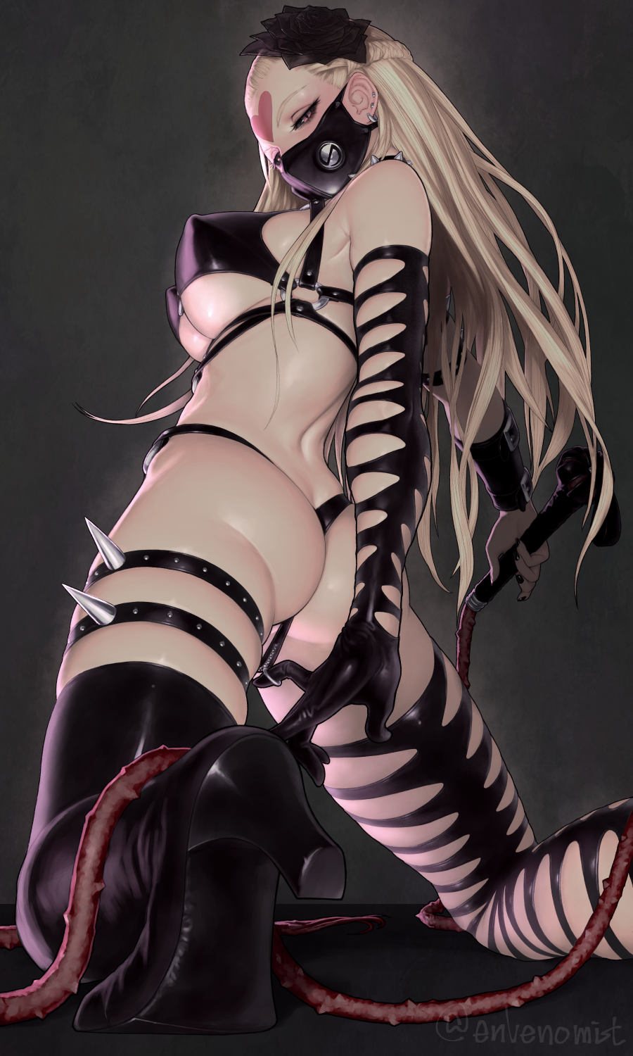 ass blonde_hair bondage gengoroumaru_(ambidextrous) highres holding_whip kaijin_hime_do-s large_breasts latex_bodysuit looking_at_viewer one-punch_man solo zipper_panties