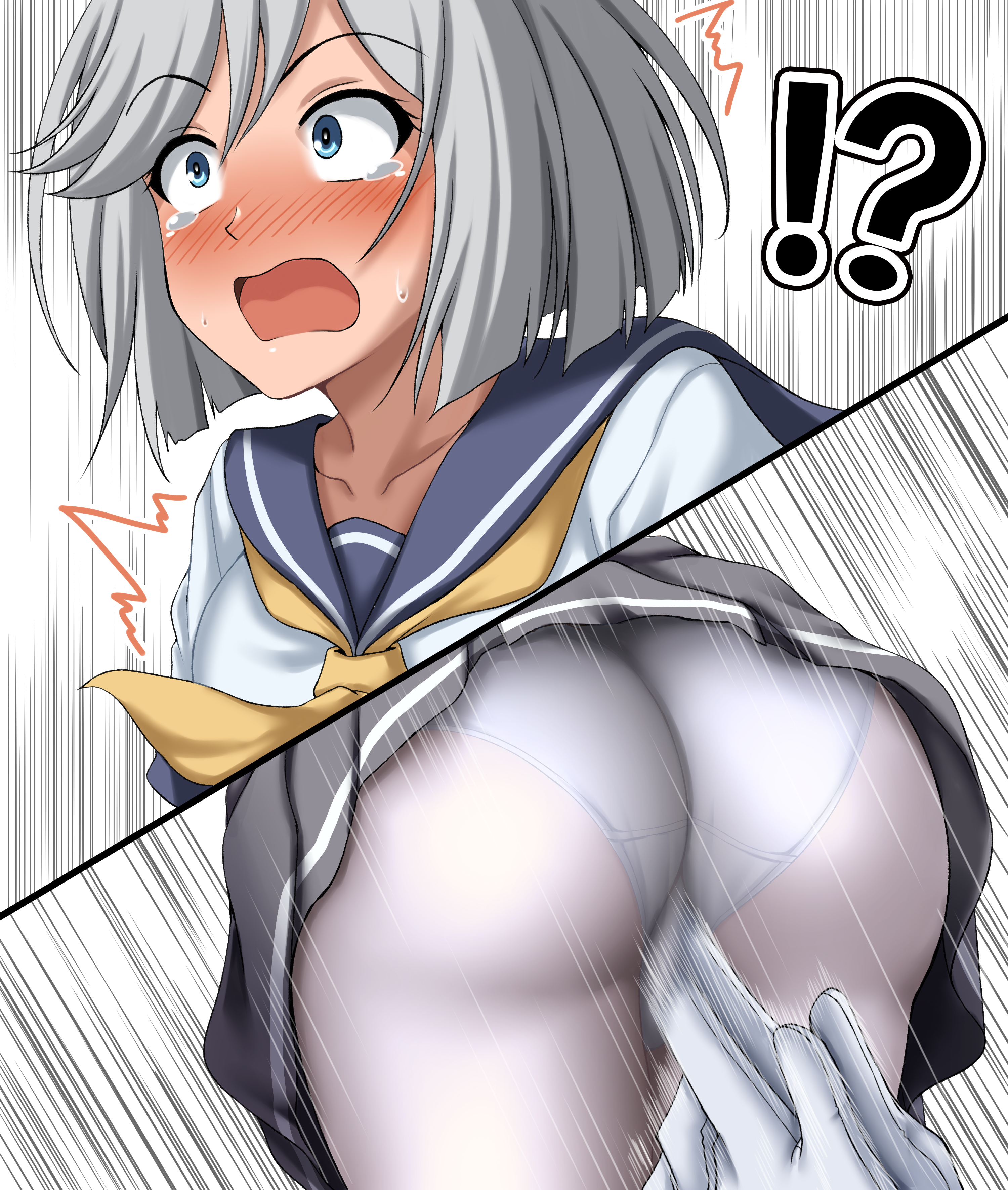 ?!, ass, blue eyes, blush, female, hamakaze (kantai collection), kancho, kantai collection, panties, panties under pantyhose, pantyhose, shock, short hair, silver hair, skirt, surprised, sweat, tagme, upskirt, white panties, zanntetu