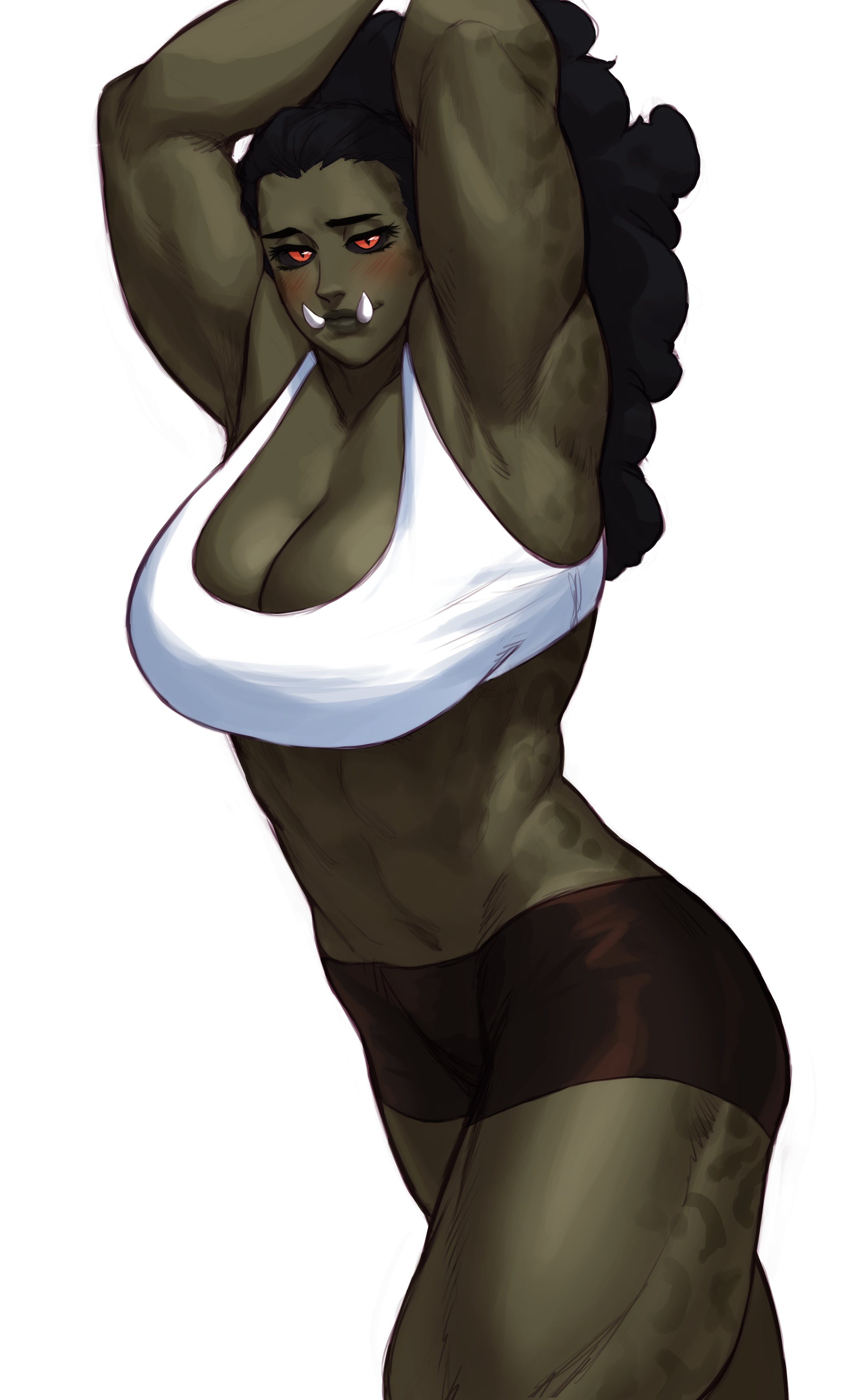 1girls, absurd res, arms up, big breasts, black hair, black sclera, blush, breasts, cleavage, fangs, female, female only, green skin, long hair, looking at viewer, muscular, muscular female, muscular thighs, narrowed eyes, orange eyes, orc, orc female, ponytail, smiling, smiling at viewer, solo, solo female, sotcho, sportswear, thick thighs, white background