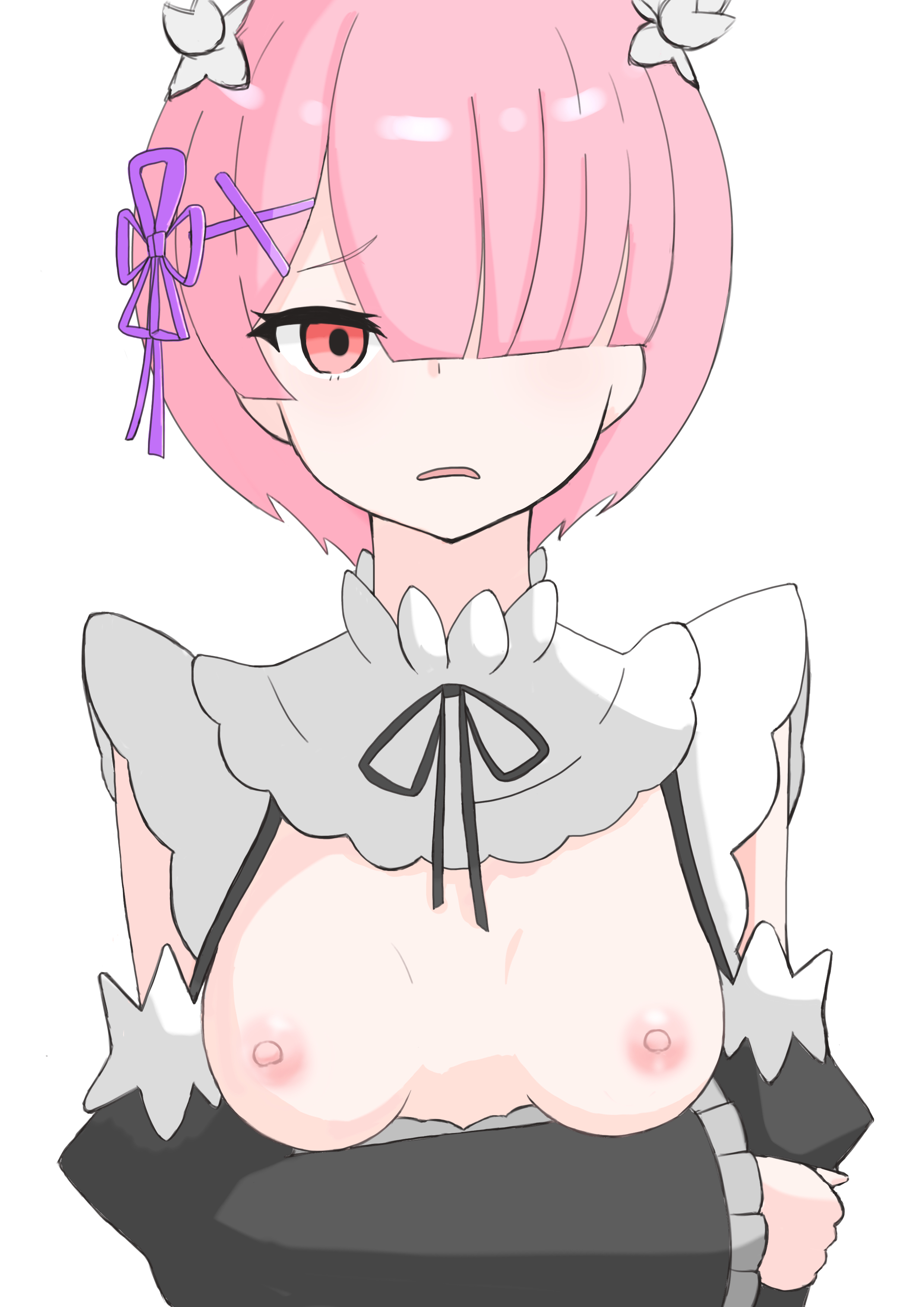 1girls, accidental exposure, bangs, breast slip, breasts, breasts out, detached sleeves, disgusted, empty eyes, female, female only, front view, hair ornament, hair over one eye, looking at viewer, maid, maid headdress, maid uniform, matching hair/eyes, neckwear, pink eyes, pink hair, ram (re:zero), re:zero kara hajimeru isekai seikatsu, short hair, simple background, small breasts, upper body, white background, x hair ornament