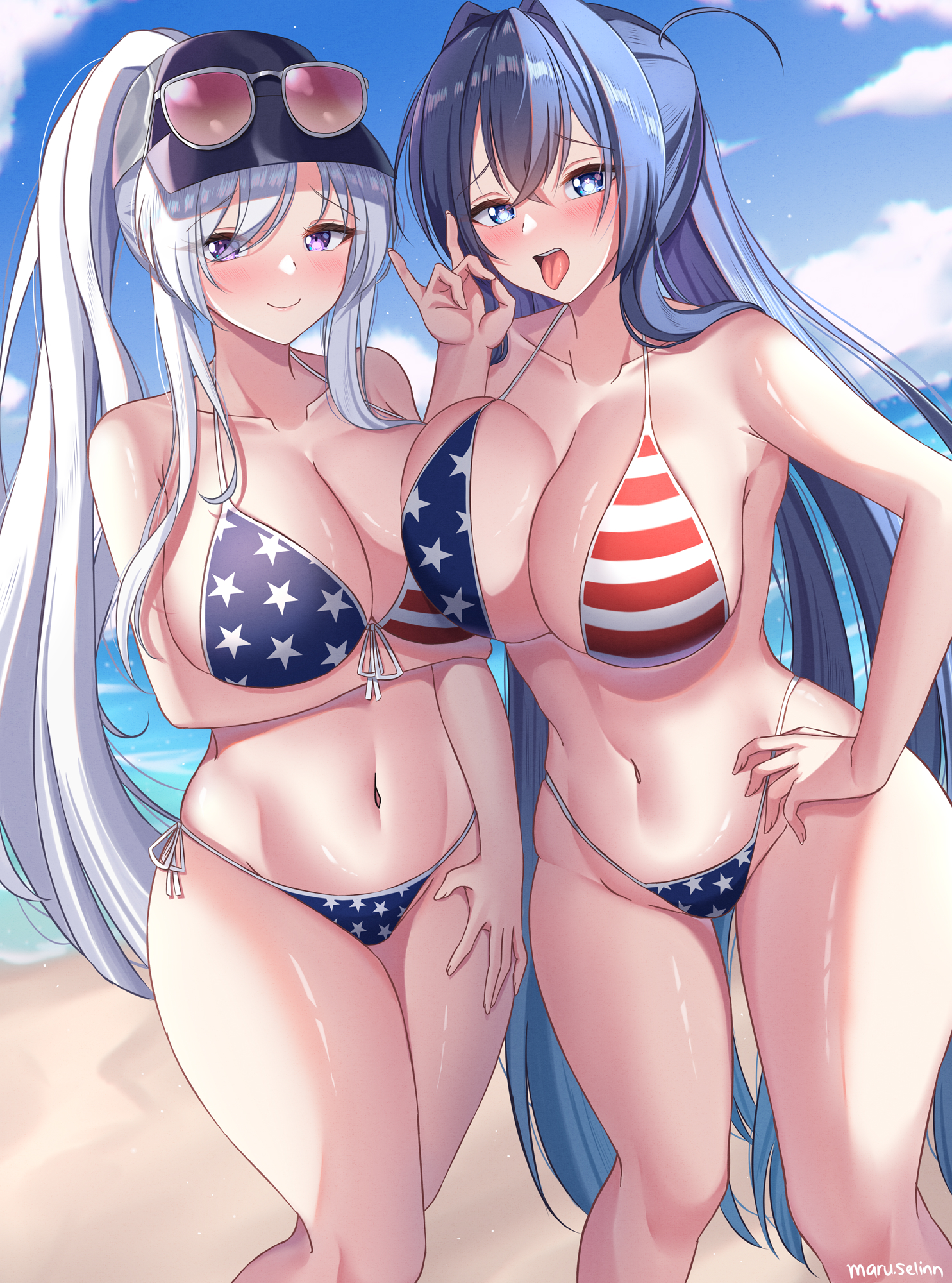 2girls, american flag bikini, azur lane, beach, bikini, blue eyes, blue hair, breasts, enterprise (azur lane), female, hi res, huge breasts, light skin, light-skinned female, long hair, maru.selinn, naughty face, new jersey (azur lane), outdoors, smile, thick thighs, white hair