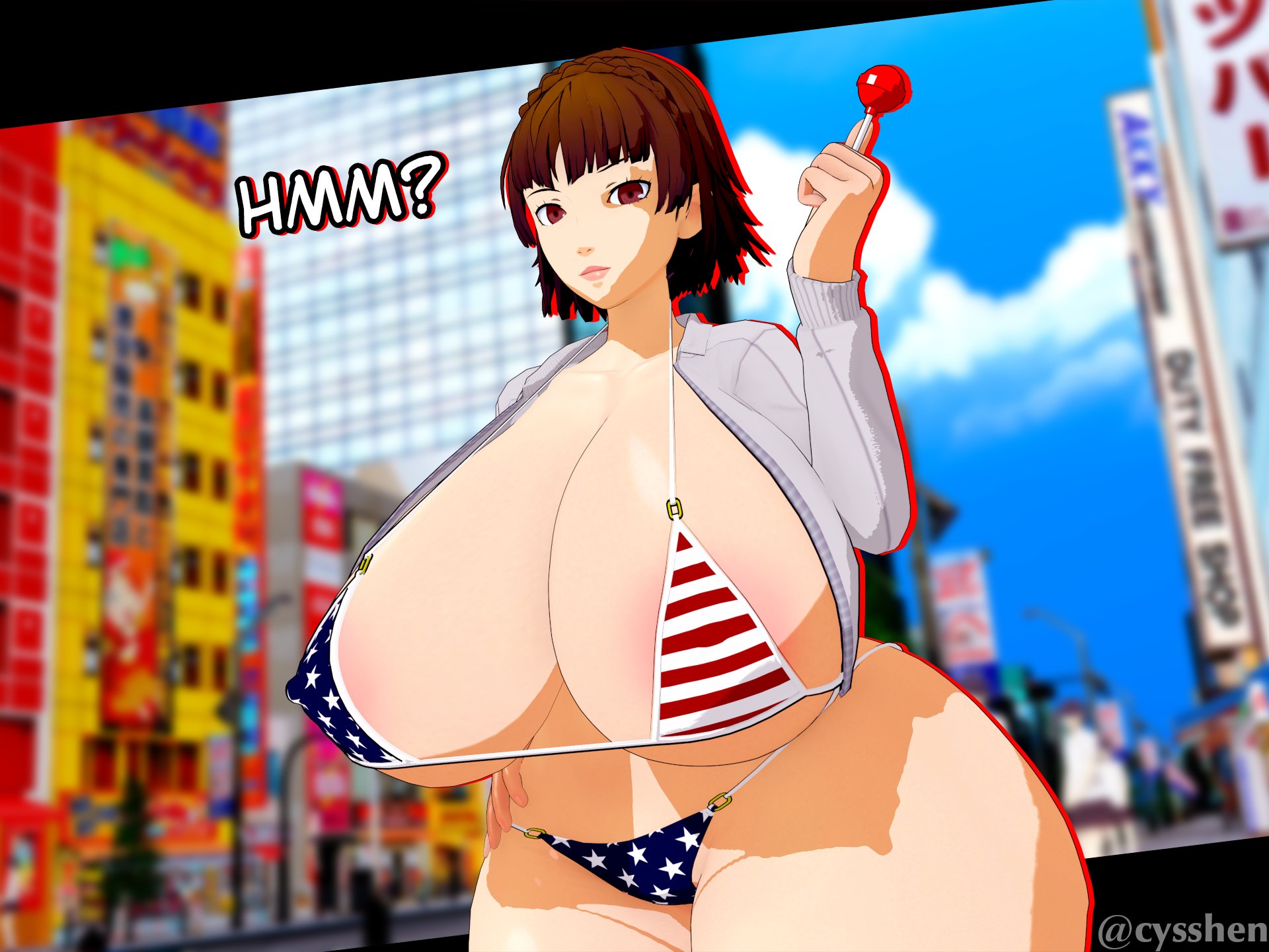 1girls, 3d, alternate breast size, american flag bikini, ass, atlus, bikini, breasts, cyshen, female, huge breasts, large ass, large breasts, makoto niijima, persona, persona 5, public