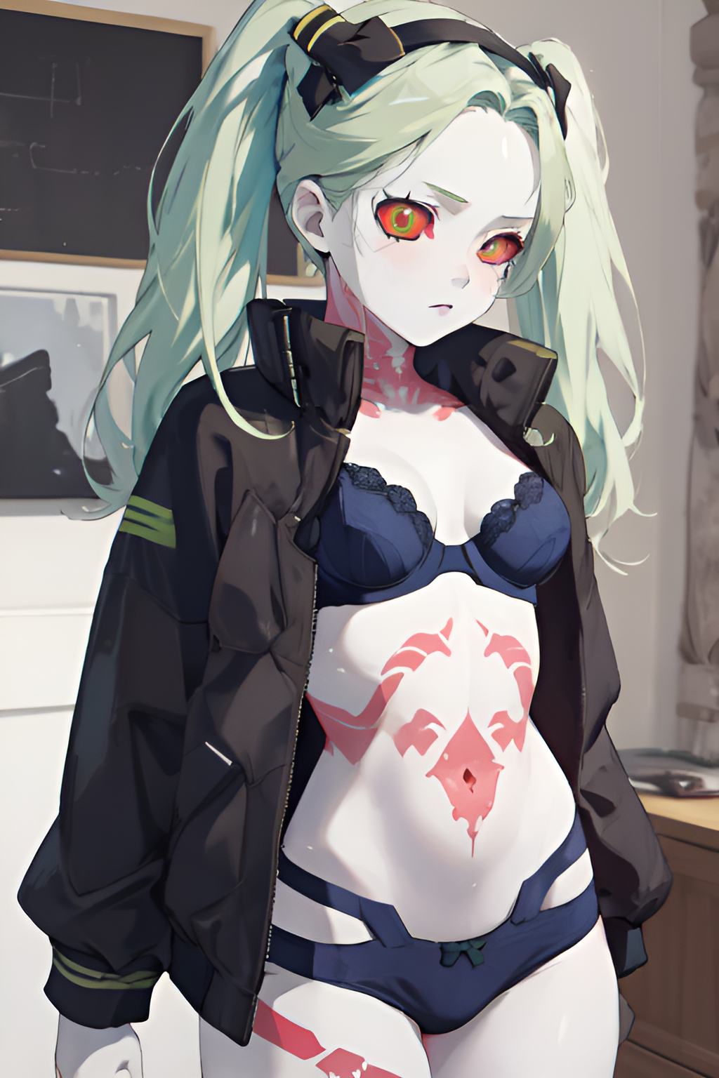 1girls ai_generated big_butt bra cybernetics cyberpunk:_edgerunners cyberpunk_2077 female female_only flat_chest green_hair jacket medium_breasts neck_tattoo pale_skin panties ponceai rebecca_(edgerunners) small_breasts tattoos thick_thighs