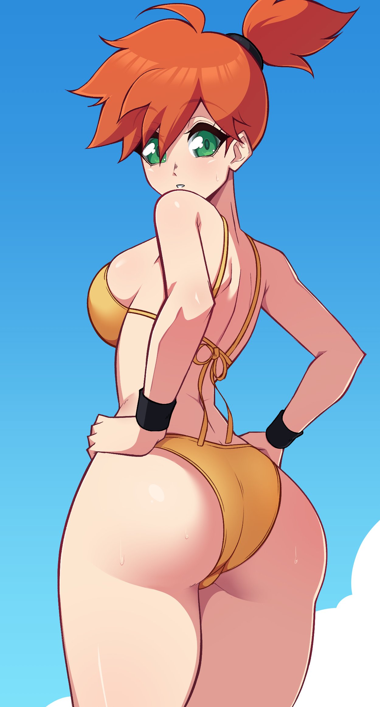 1girls, ass, bent over, bikini, breasts, female, female only, fully clothed, game freak, huge ass, huge breasts, kasumi (pokemon), large ass, light skin, light-skinned female, misty (pokemon), nintendo, nipples, orange hair, pokemon, pokemon rgby, pussy, revealing clothes, scrimblocrimbo, short hair, side ponytail, thick thighs, vagina