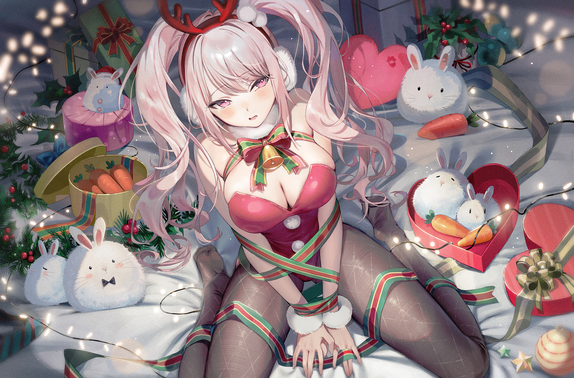 1girls, alice (nikke), bare shoulders, black pantyhose, blush, breasts, christmas, cleavage, emyo, female, from above, fully clothed, goddess of victory: nikke, leotard, open mouth, pantyhose, pink eyes, pink hair, sitting, twintails