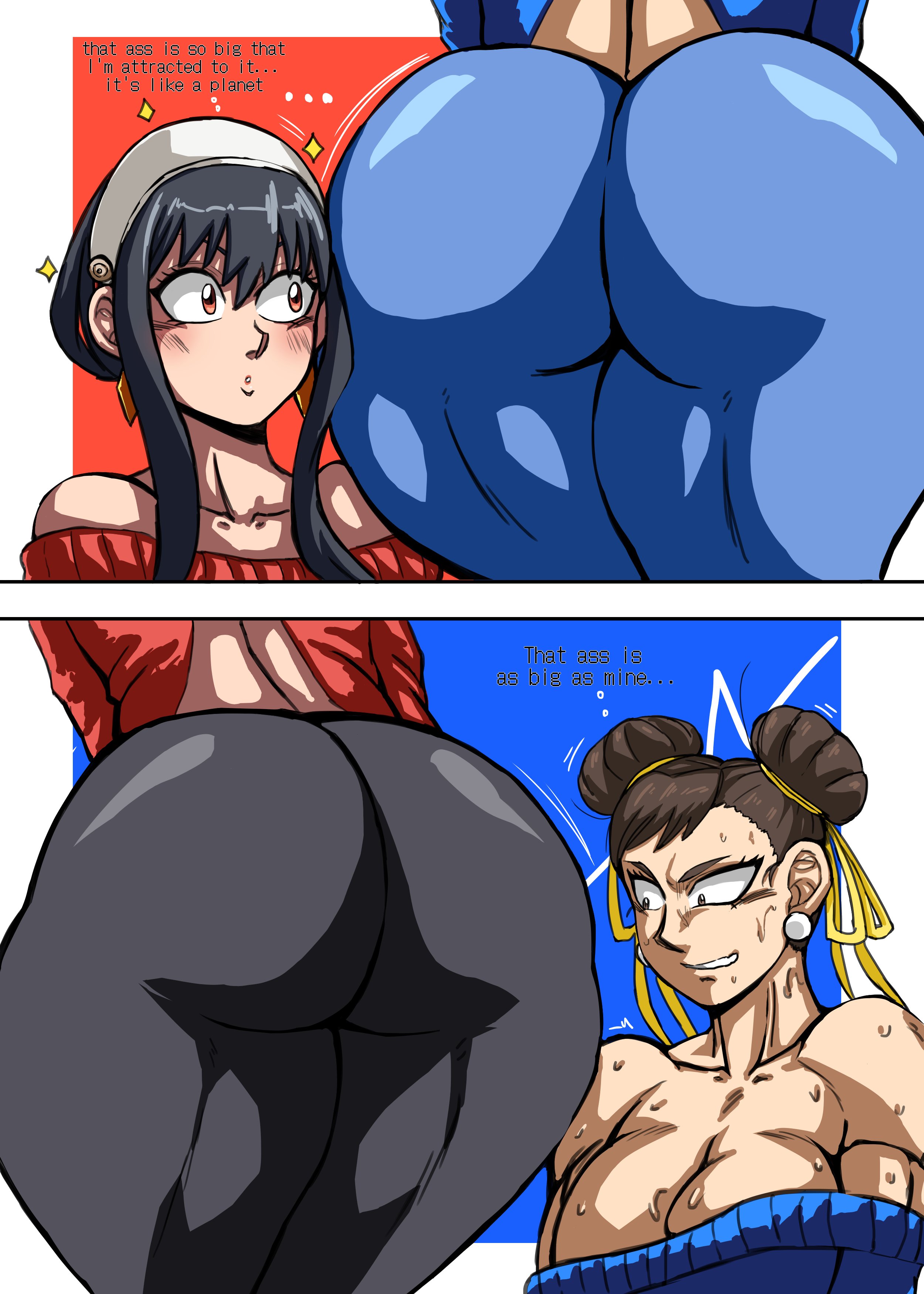 2girls, absurd res, ass, ass awe, ass focus, ass shake, ass size talk, ass up, ass worship, assisted presentation, big ass, big breasts, big butt, black hair, boob window, breasts, brown hair, charge sol, chun-li, clothed, comic, crossover, dialogue, female, female face near ass, female only, highres, huge ass, huge breasts, huge butt, leggings, milf, multiple females, multiple girls, muscular, muscular female, no bra, size difference, size talk, spy x family, street fighter, street fighter 6, text, thick, thick thighs, thighs, yor briar, yor forger, yuri