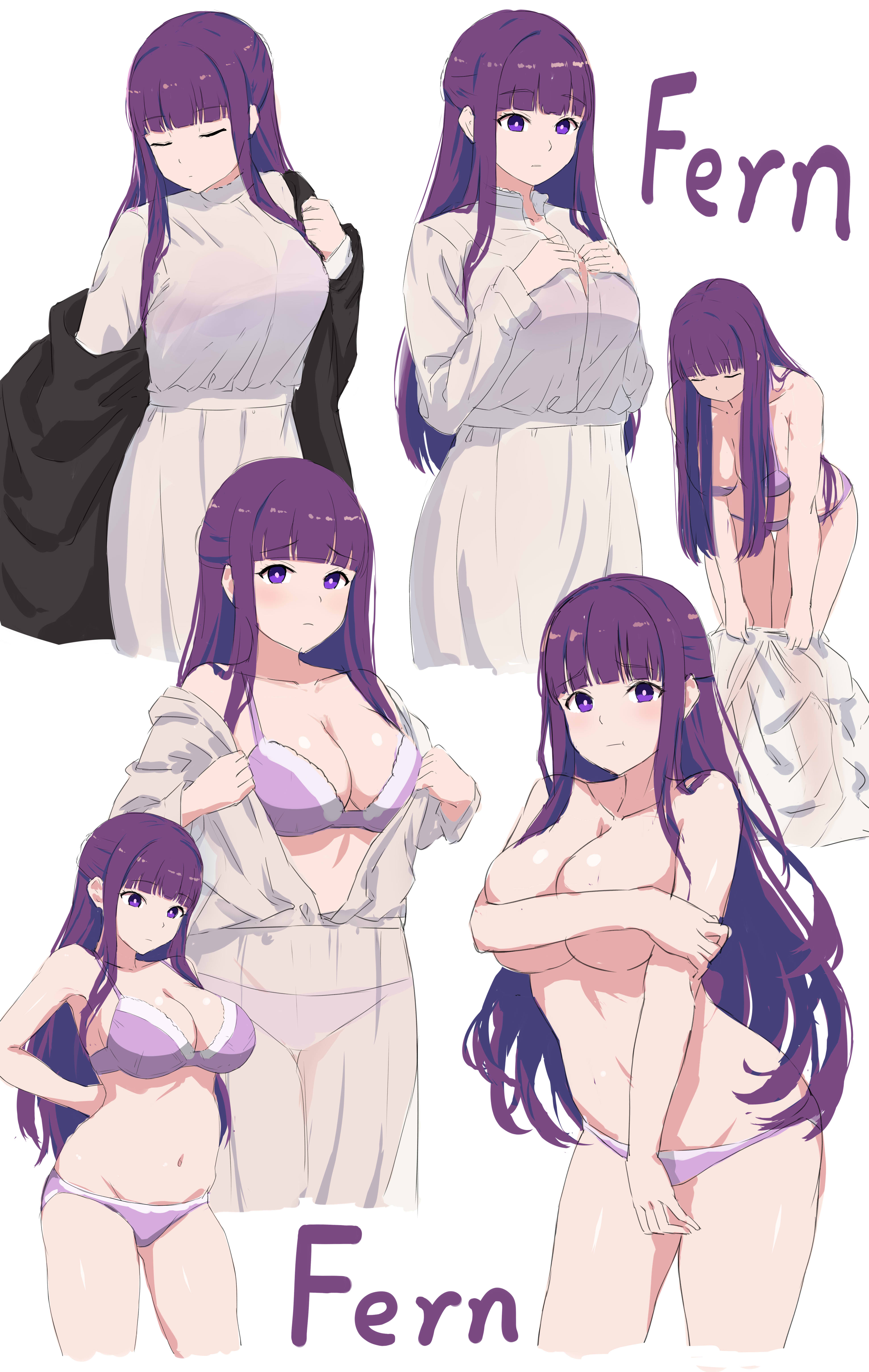 absurdres, black coat, blunt bangs, bra, breasts, character name, cleavage, coat, collar, commentary, covering breasts, covering privates, dress, female, fern (sousou no frieren), frilled collar, frills, highres, large breasts, long coat, long dress, long hair, long sleeves, multiple views, navel, panties, purple bra, purple eyes, purple hair, purple panties, sousou no frieren, straight hair, txbbxb, underwear, undressing, white background, white dress