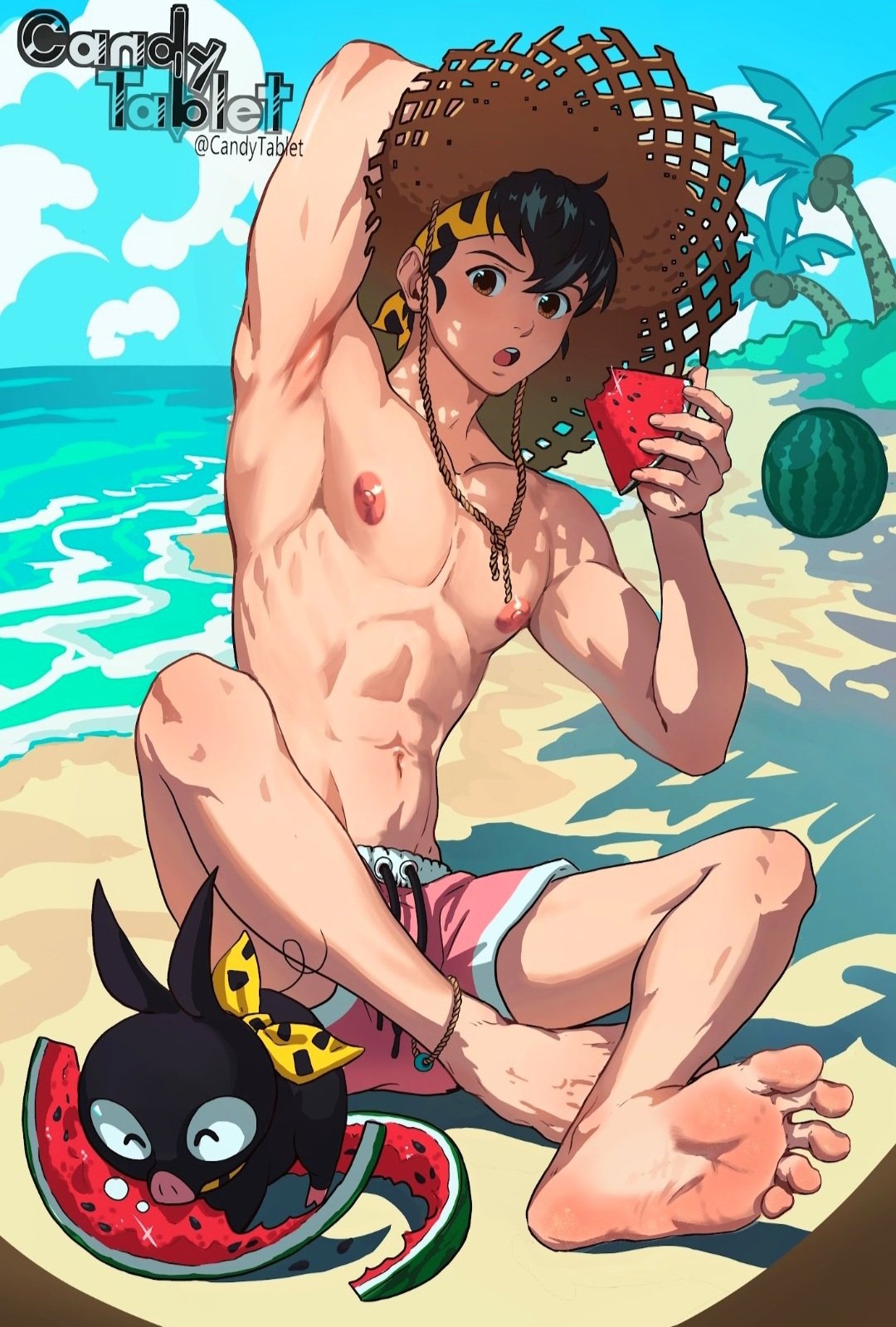 1boy abs arms_behind_back arms_up beach big_nipples candy_tablet eating eating_food feet fully_clothed looking_at_viewer male male_only muscles muscular outside p-chan pecs ranma_1/2 ryoga_hibiki solo straw_hat swimsuit swimsuit_only watermelon yaoi