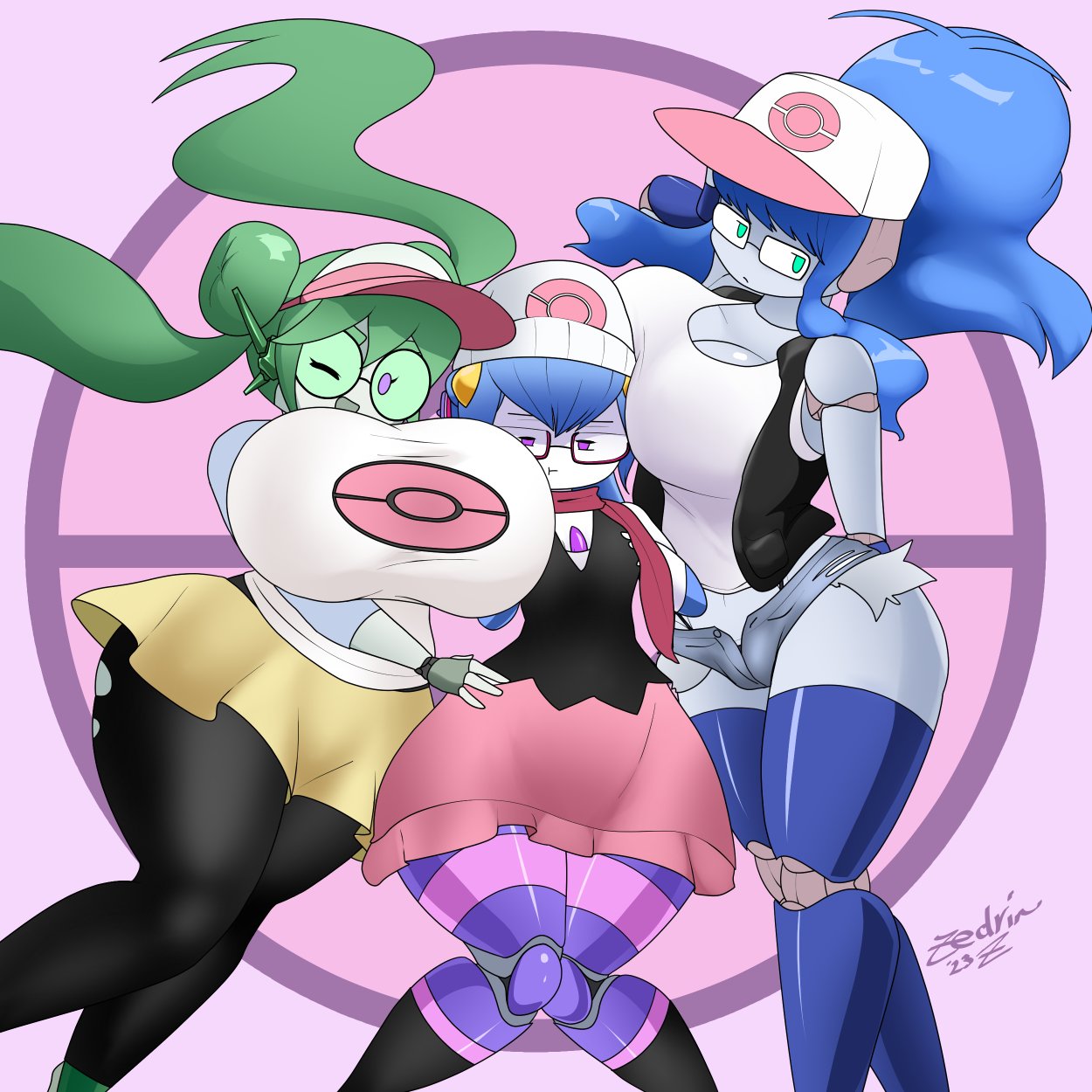 2023 2023s 3girls big_breasts bit_(zedrin) blue_hair breasts cosplay dawn_(pokemon)_(cosplay) female female_focus female_only glasses green_hair gwen_(feltreasurespot) hilda_(pokemon)_(cosplay) pokemon pokemon_bw pokemon_bw2 pokemon_dppt relay_(zedrin) robot robot_girl rosa_(pokemon)_(cosplay) zedrin