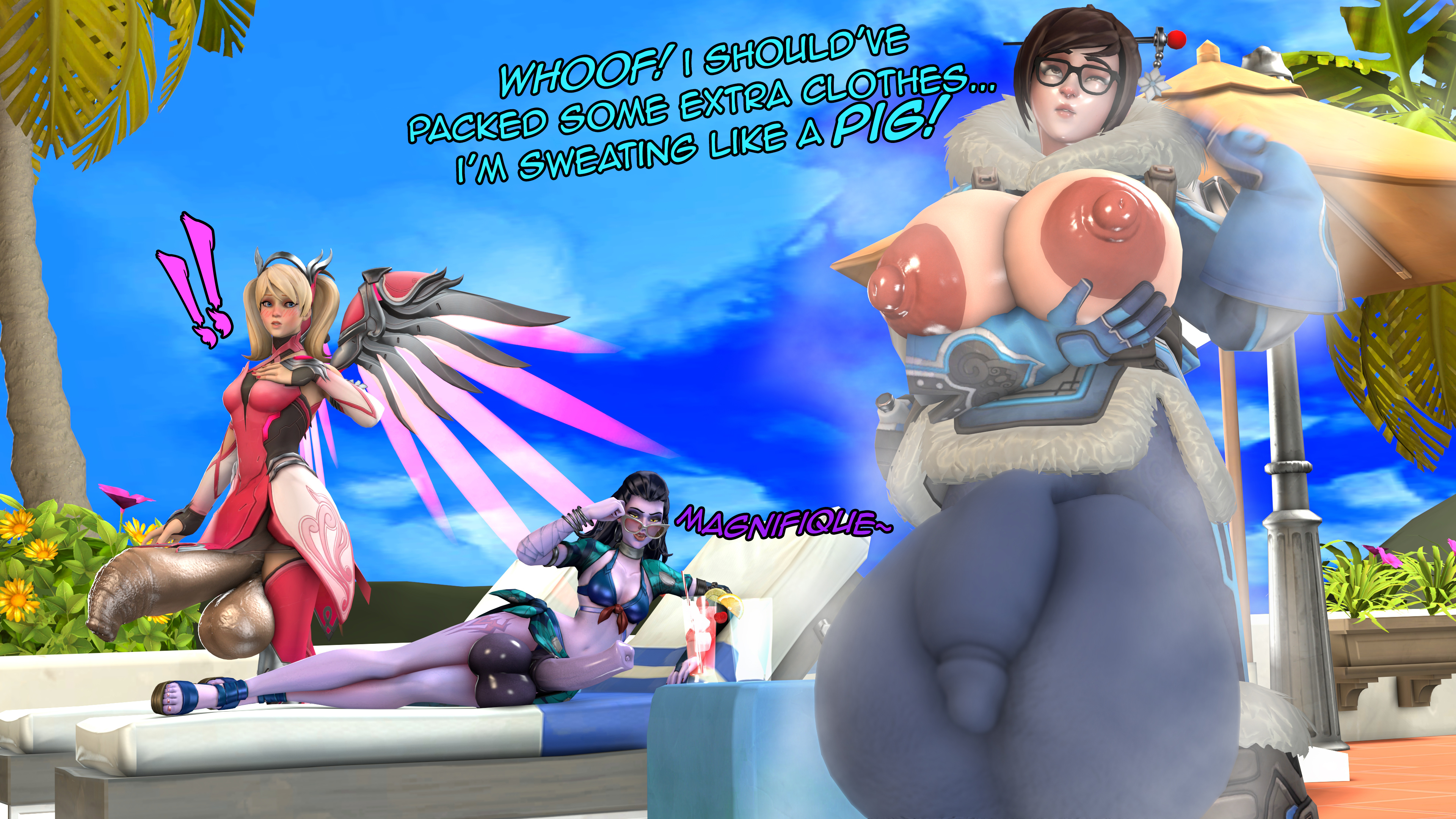 3d, 3futas, asian, asian futa, balls, ballsack, big breasts, breast hold, breast lift, breasts, bulge, dvadenizen, equine penis, erection, eyewear, foreskin, futa only, futanari, gigantic balls, gigantic testicles, glasses, horsecock, huge balls, huge breasts, huge cock, huge nipples, huge penis, huge testicles, human with animal genitalia, human with horsecock, humanoid, humanoid penis, intersex, large areolae, long foreskin, mei (overwatch), mercy, overwatch, penis, scrotum, smooth penis, steamy, sweat, testicles, tight clothing, uncircumcised, uncut, unretracted foreskin, widowmaker