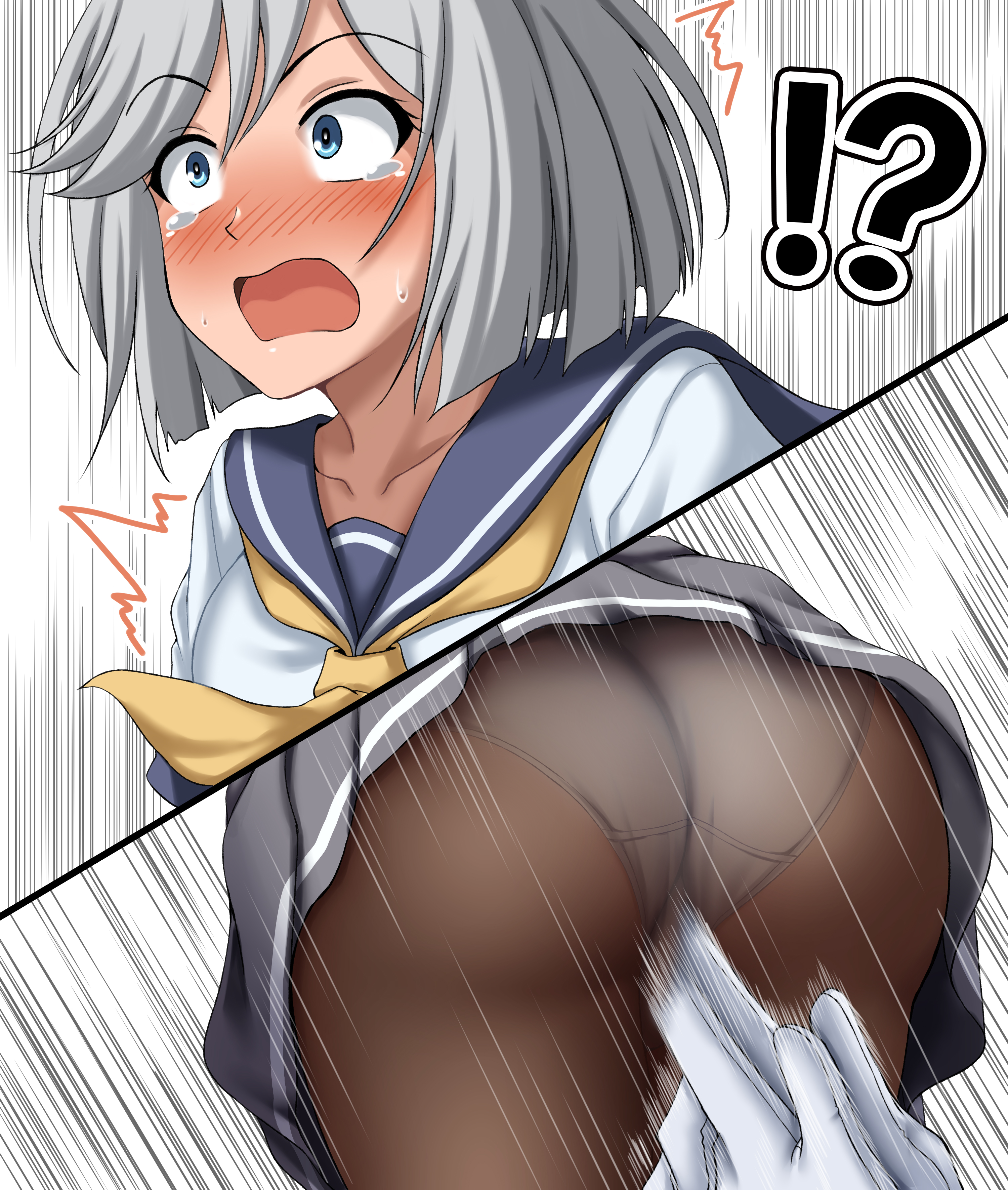 ?!, ass, blue eyes, blush, female, hamakaze (kantai collection), kancho, kantai collection, panties, panties under pantyhose, pantyhose, shock, short hair, silver hair, skirt, surprised, sweat, tagme, upskirt, white panties, zanntetu