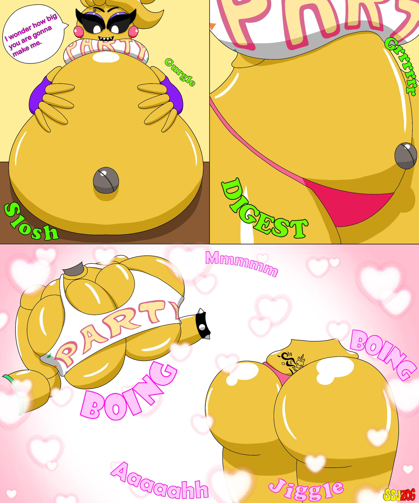 ass, big ass, big breasts, breasts, death, digestion, expansion, female, five nights at freddy's, male, male death, night guard, ssjz06, thick thighs, toy chica (eroticphobia), toy chica (fnaf), vore