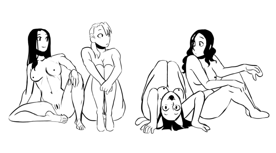 4girls, bad anatomy, bad edit, female, line art, multiple females, multiple girls, nude, posing, telepurte